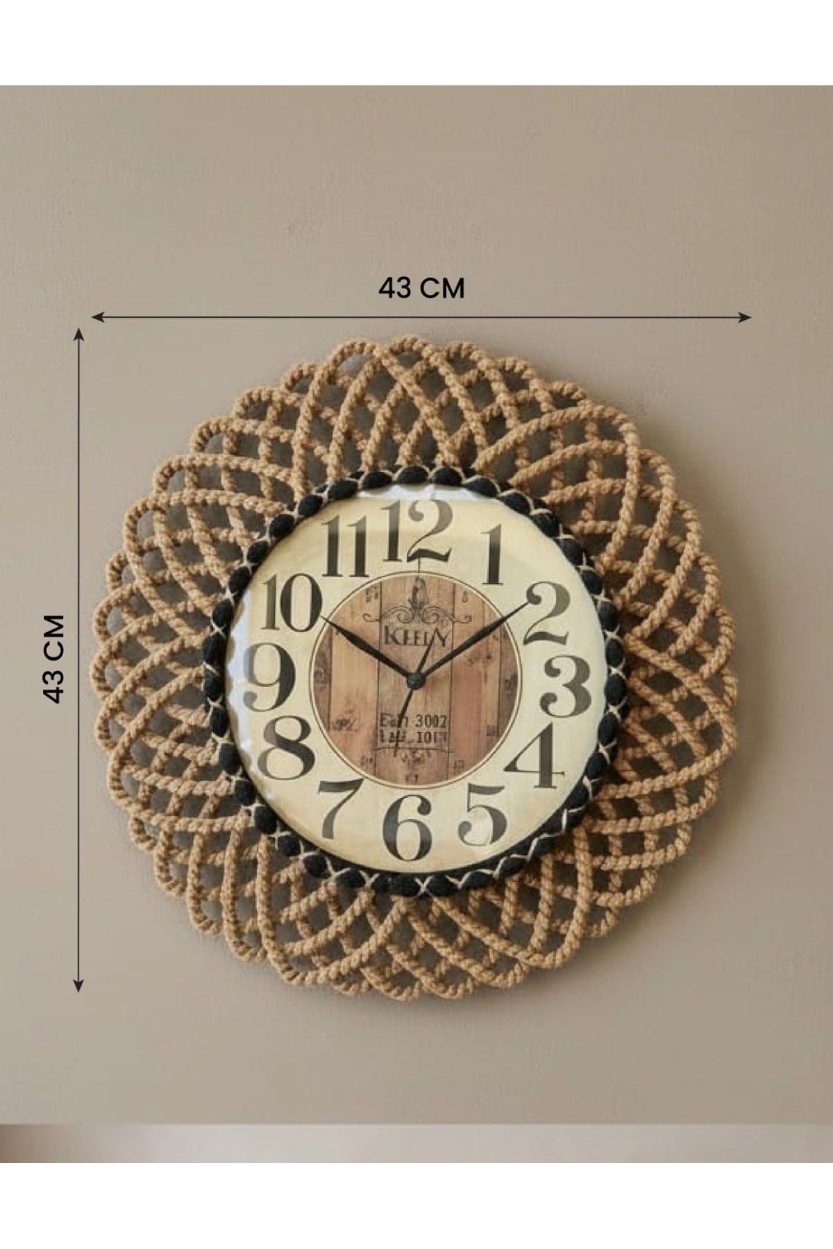 Bohem Hasır Görünümlü Duvar Saati – Modern Görünümlü Dekoratif Salon Saati – 43 cm