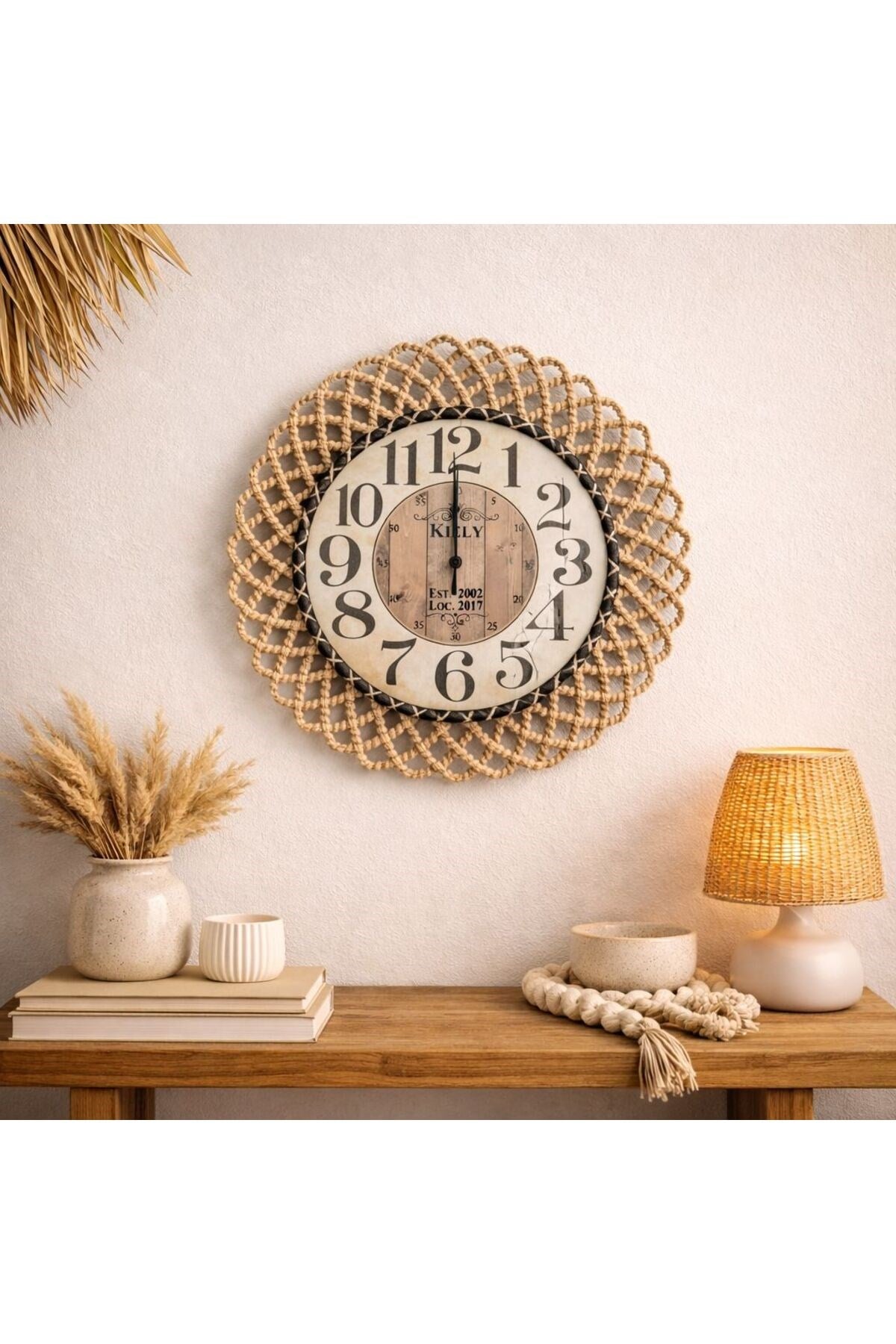 Bohem Hasır Görünümlü Duvar Saati – Modern Görünümlü Dekoratif Salon Saati – 43 cm