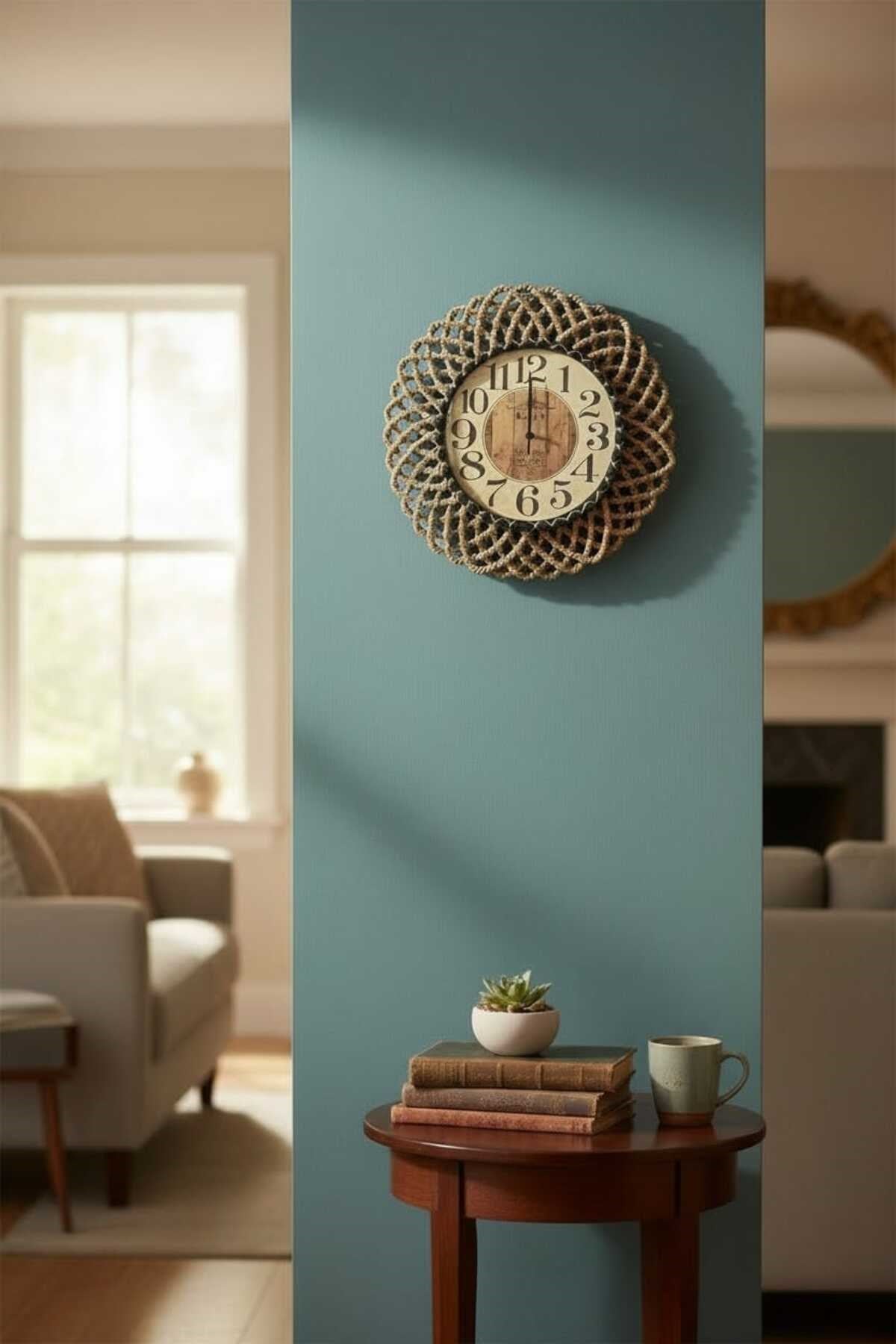 Bohem Hasır Görünümlü Duvar Saati – Modern Görünümlü Dekoratif Salon Saati – 43 cm