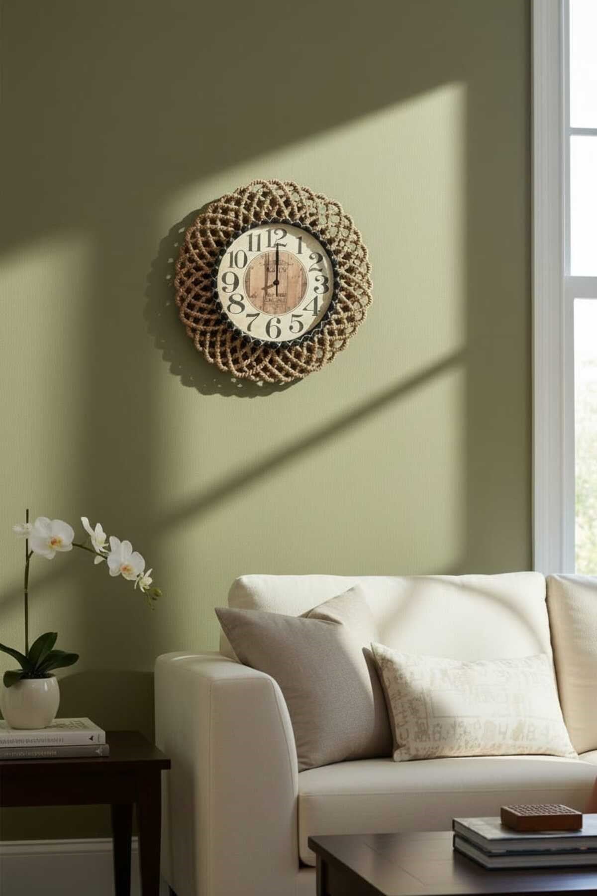 Bohem Hasır Görünümlü Duvar Saati – Modern Görünümlü Dekoratif Salon Saati – 43 cm