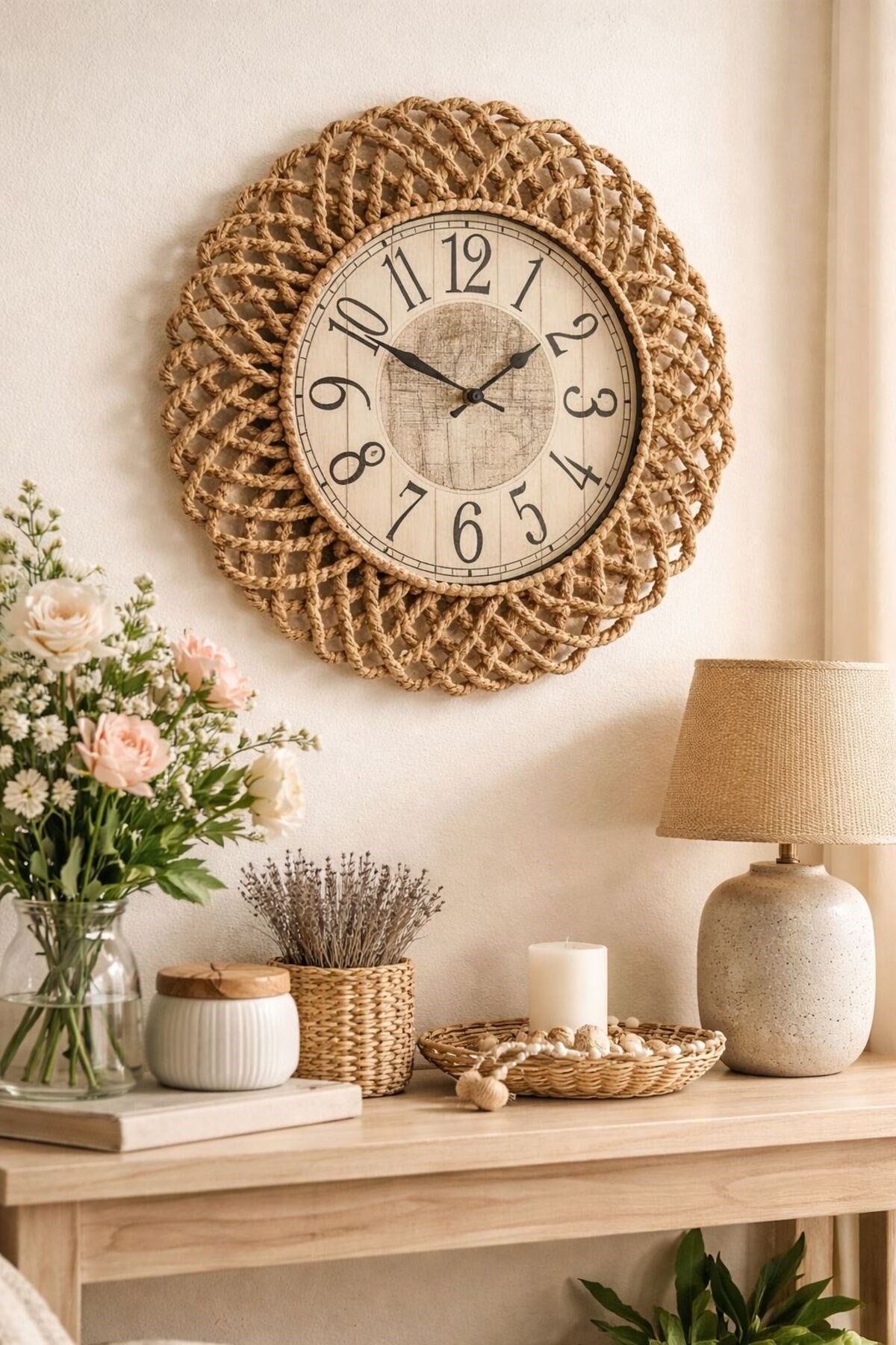 Bohem Hasır Görünümlü Duvar Saati – Modern Görünümlü Dekoratif Salon Saati – 43 cm