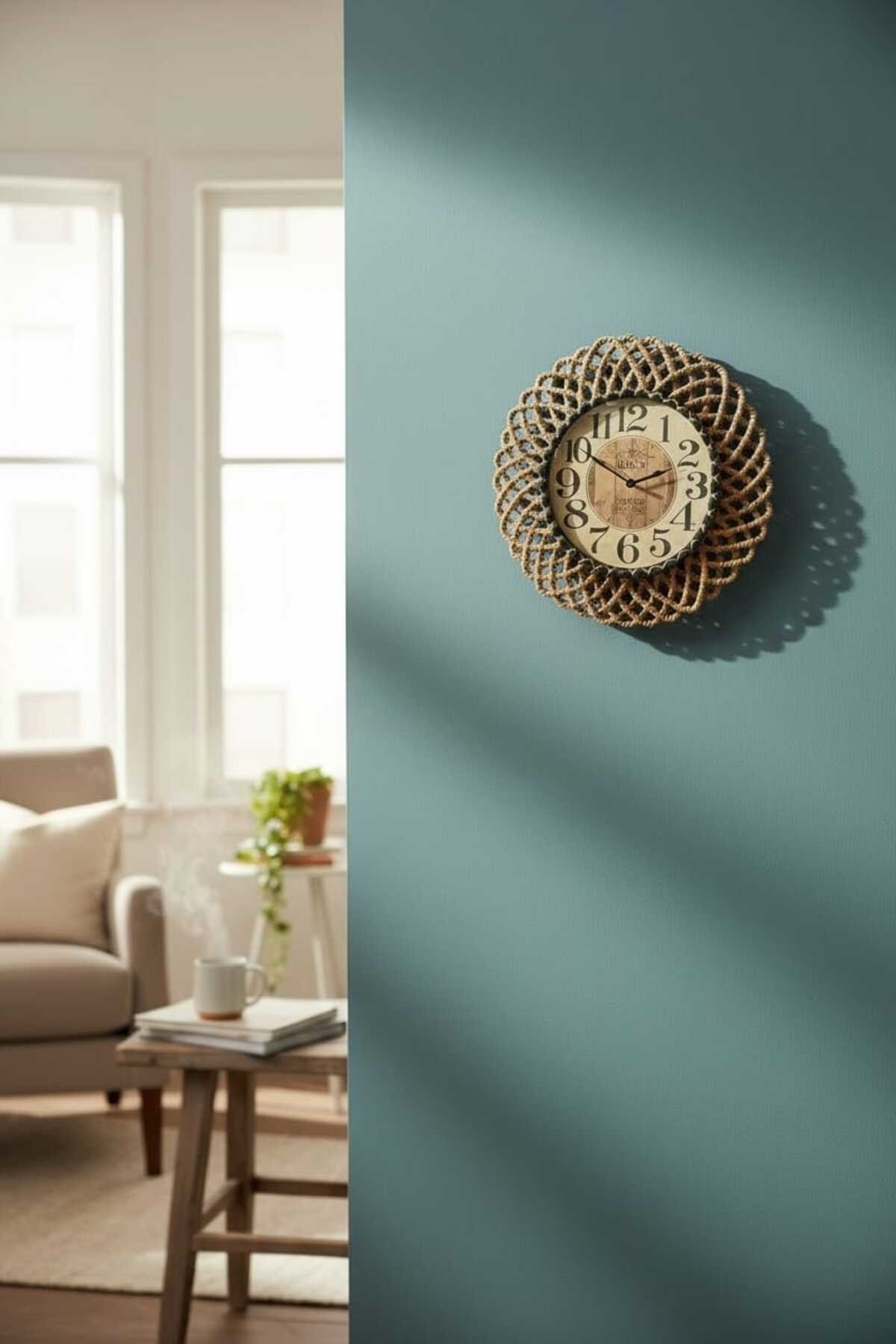 Bohem Hasır Görünümlü Duvar Saati – Modern Görünümlü Dekoratif Salon Saati – 43 cm