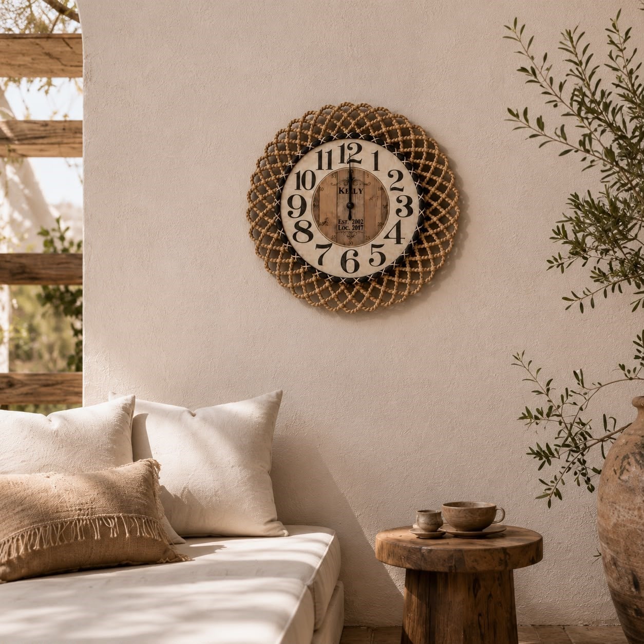 Bohem Natural/Siyah İp Detaylı Duvar Saati – Modern Görünümlü Dekoratif Saat – 43 cm