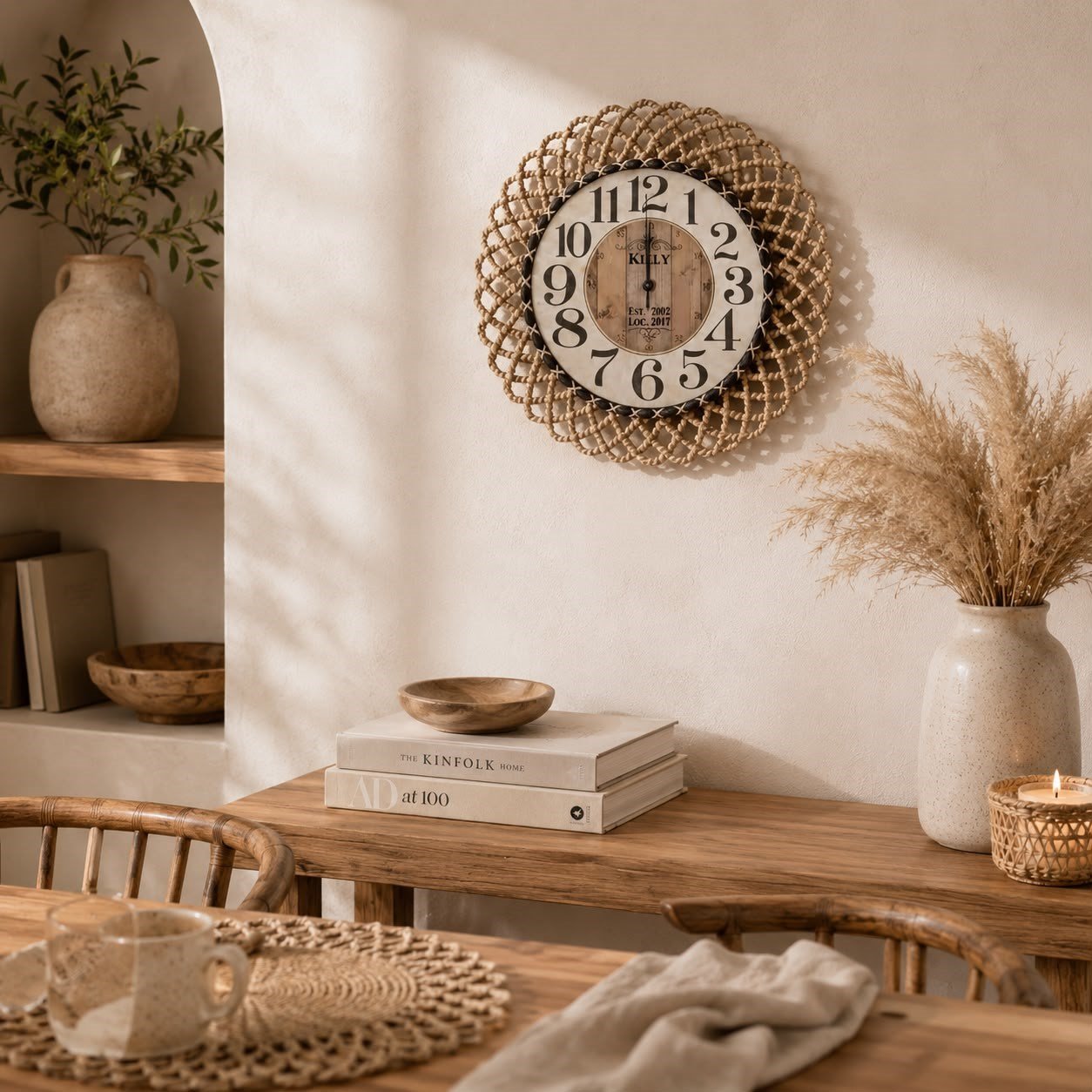 Bohem Natural/Siyah İp Detaylı Duvar Saati – Modern Görünümlü Dekoratif Saat – 43 cm