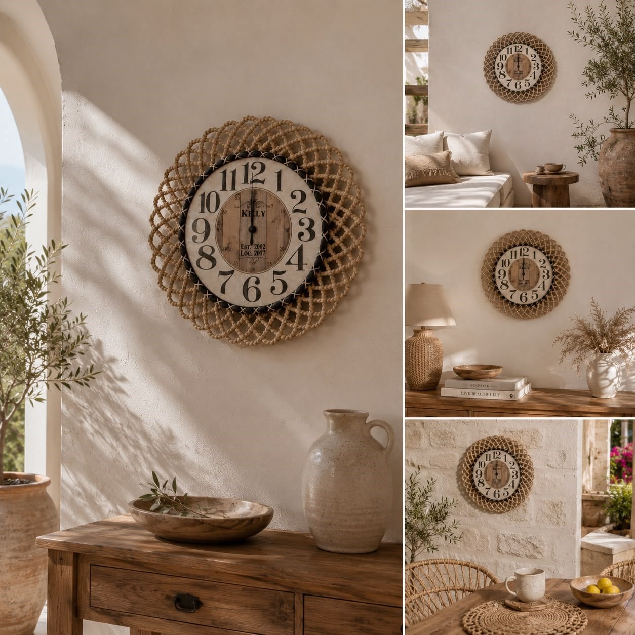 Bohem Natural/Siyah İp Detaylı Duvar Saati – Modern Görünümlü Dekoratif Saat – 43 cm
