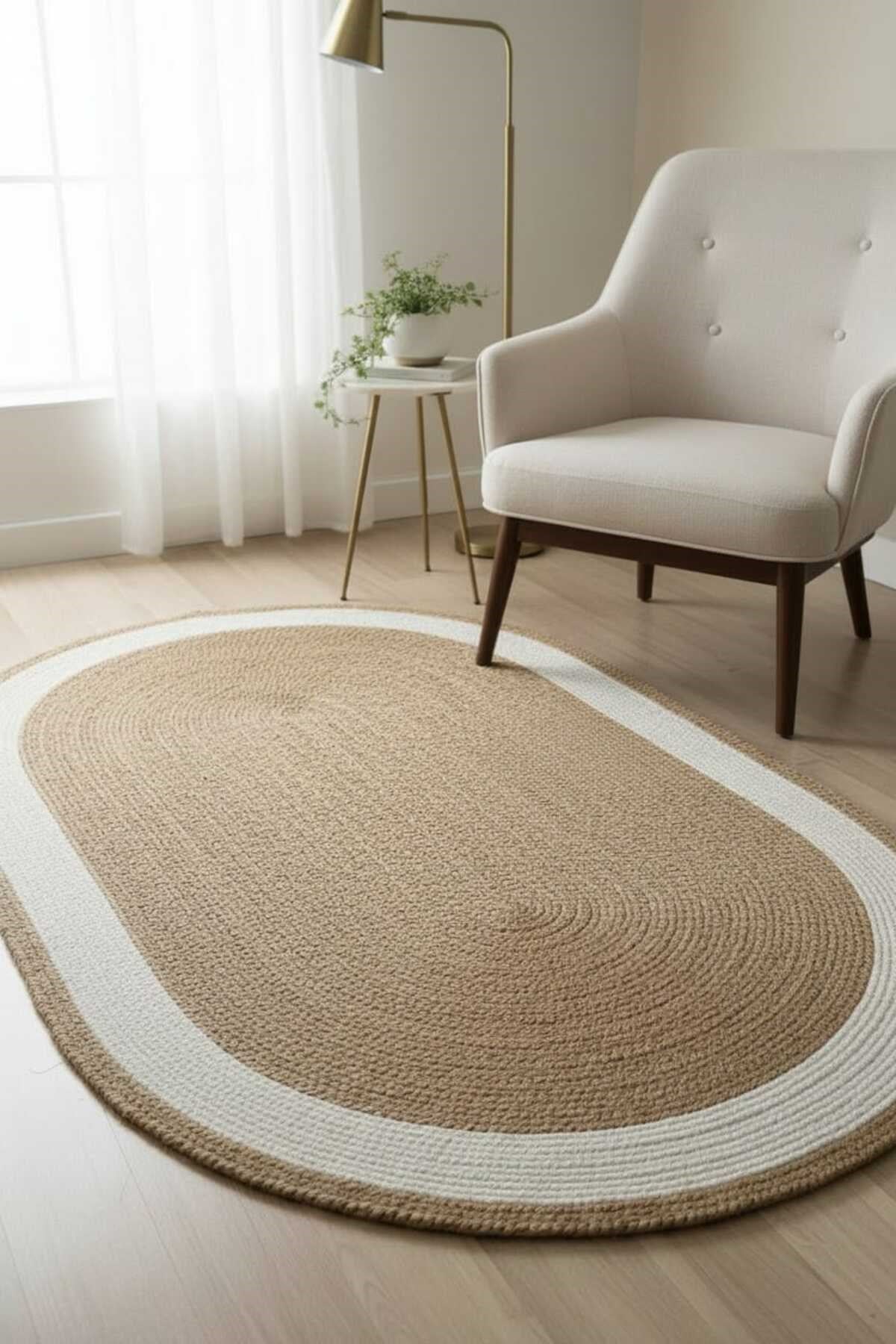 Bohem Oval Dekor Halısı – Hasır Görünümlü Jüt Stil Minimal Salon Halısı 90 x 150 cm