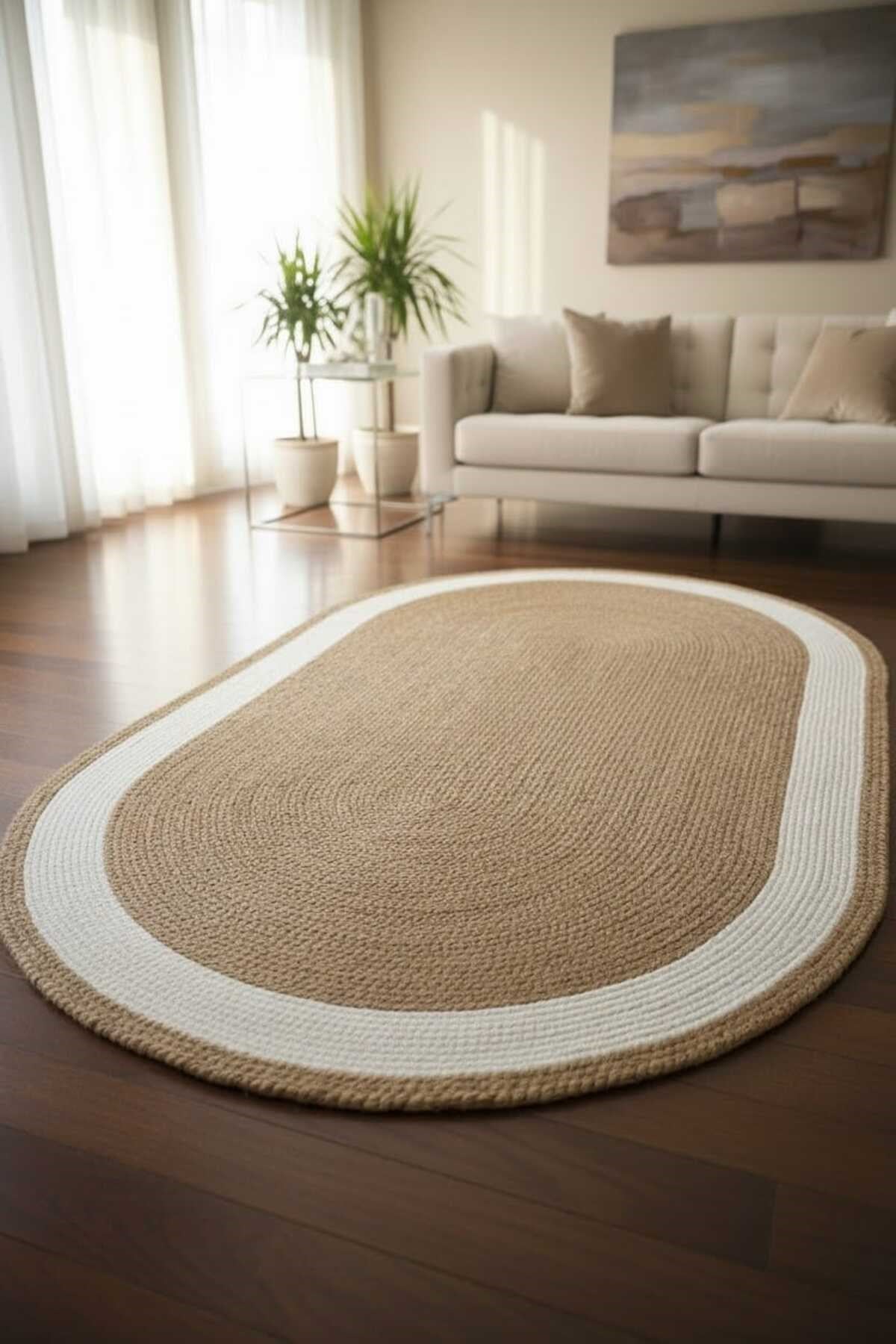 Bohem Oval Dekor Halısı – Hasır Görünümlü Jüt Stil Minimal Salon Halısı 90 x 150 cm
