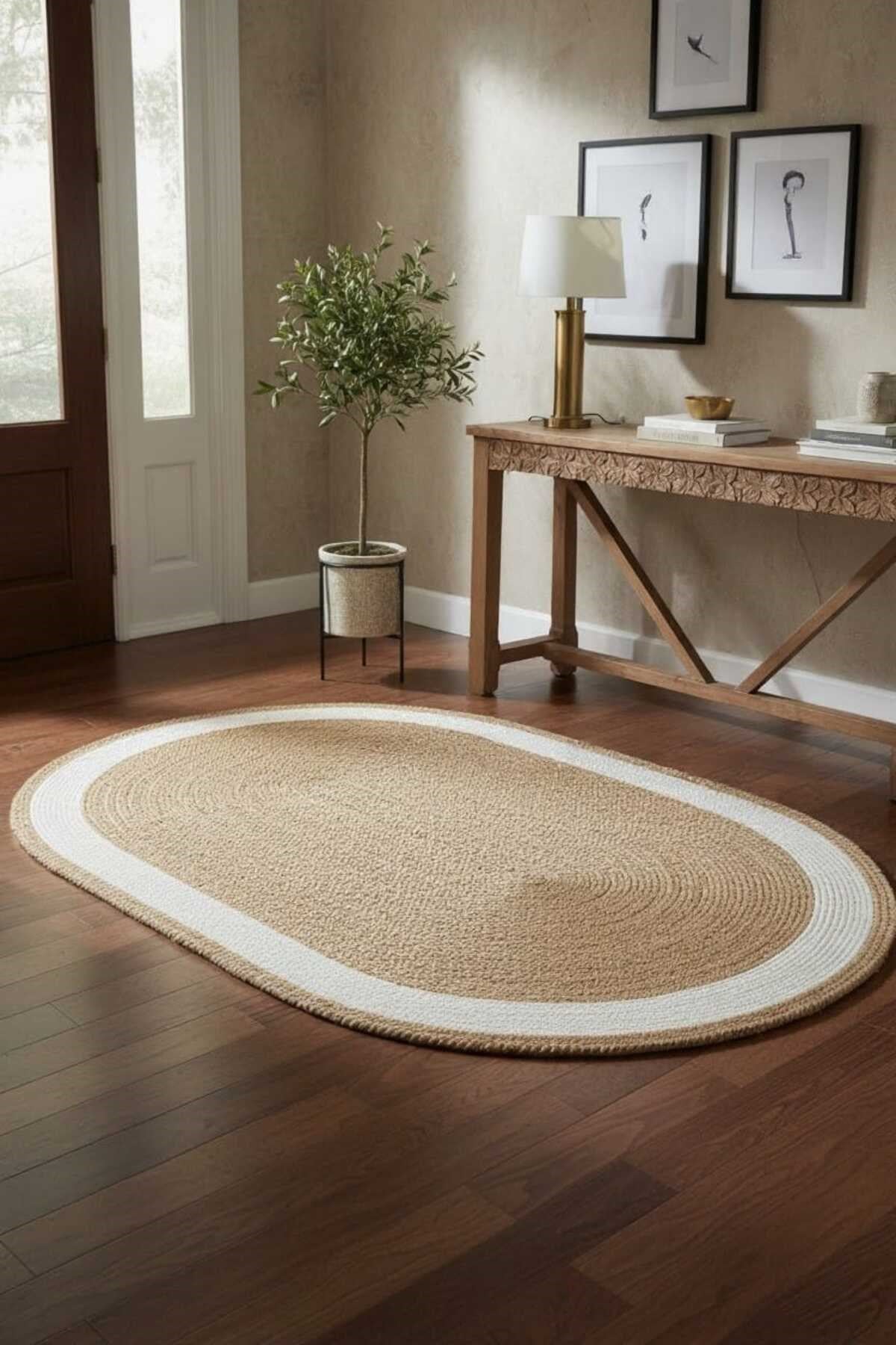Bohem Oval Dekor Halısı – Hasır Görünümlü Jüt Stil Minimal Salon Halısı 90 x 150 cm