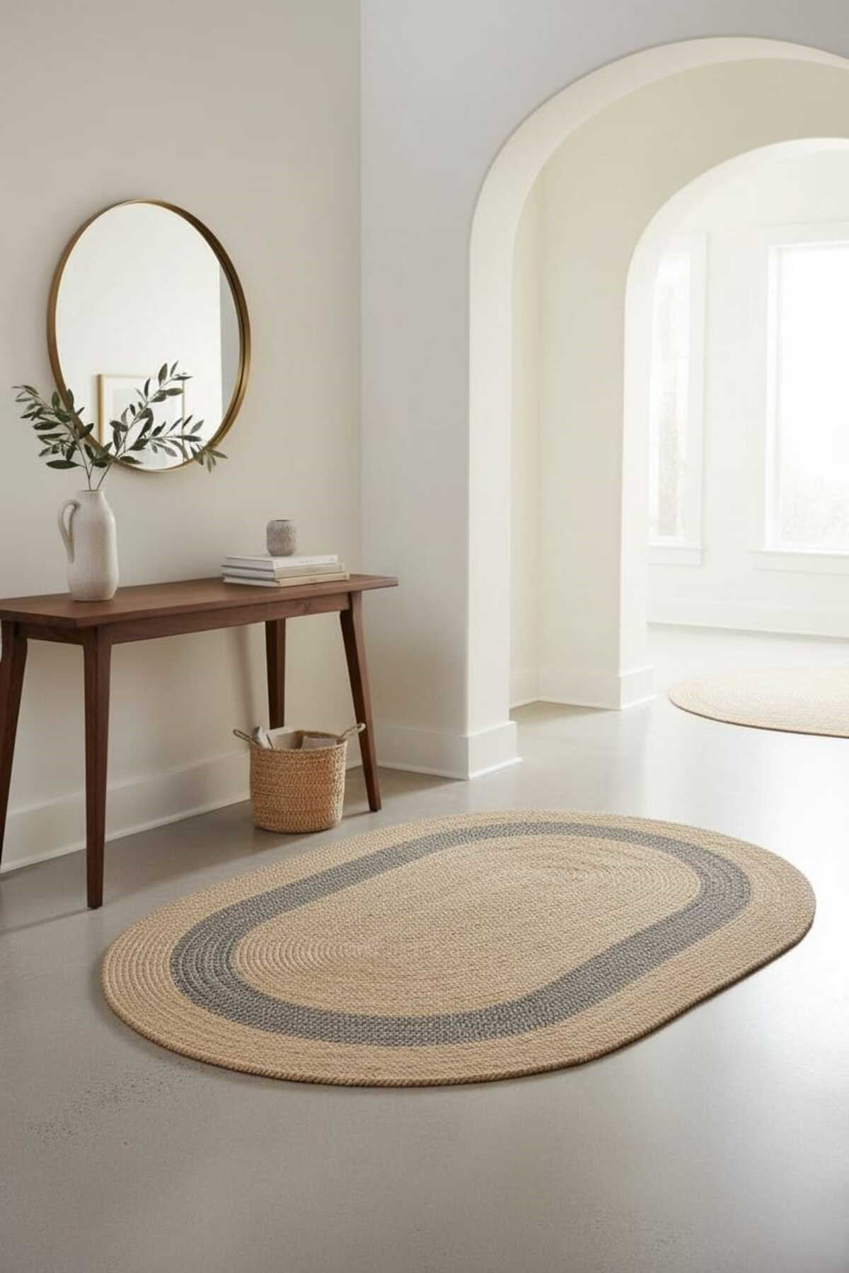 Bohem Oval Mavi Detaylı Dekor Halısı – Modern Stil Salon, Antre ve Oturma Odası Halısı 90x150 cm