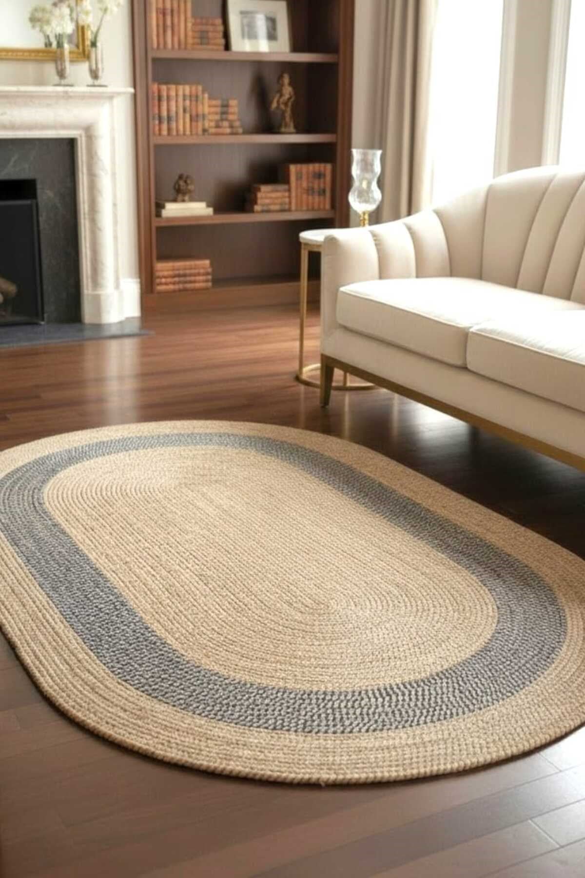 Bohem Oval Mavi Detaylı Dekor Halısı – Modern Stil Salon, Antre ve Oturma Odası Halısı 90x150 cm