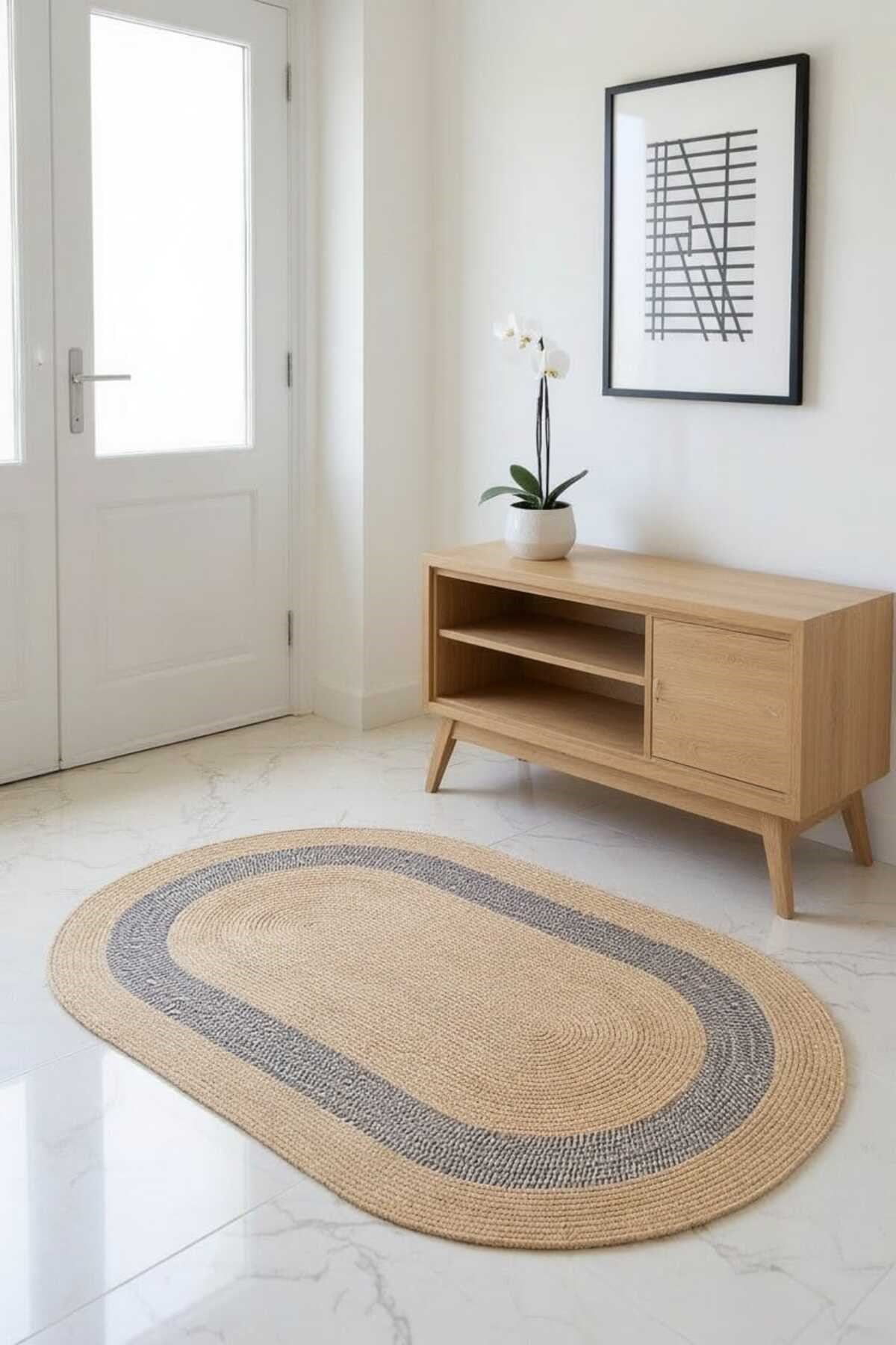 Bohem Oval Mavi Detaylı Dekor Halısı – Modern Stil Salon, Antre ve Oturma Odası Halısı 90x150 cm