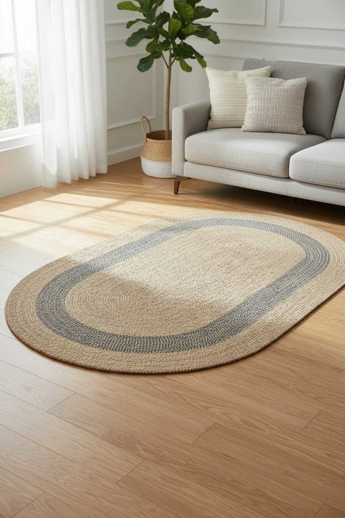 Bohem Oval Mavi Detaylı Dekor Halısı – Modern Stil Salon, Antre ve Oturma Odası Halısı 90x150 cm