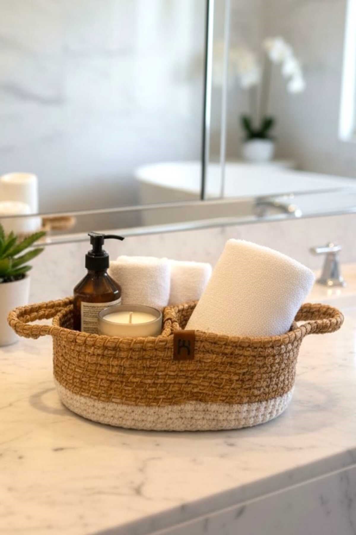 Bohem Tarz Banyo Seti | Yuvarlak Halı, Örgü Çerçeveli Ayna, Sepet & Aksesuar Seti