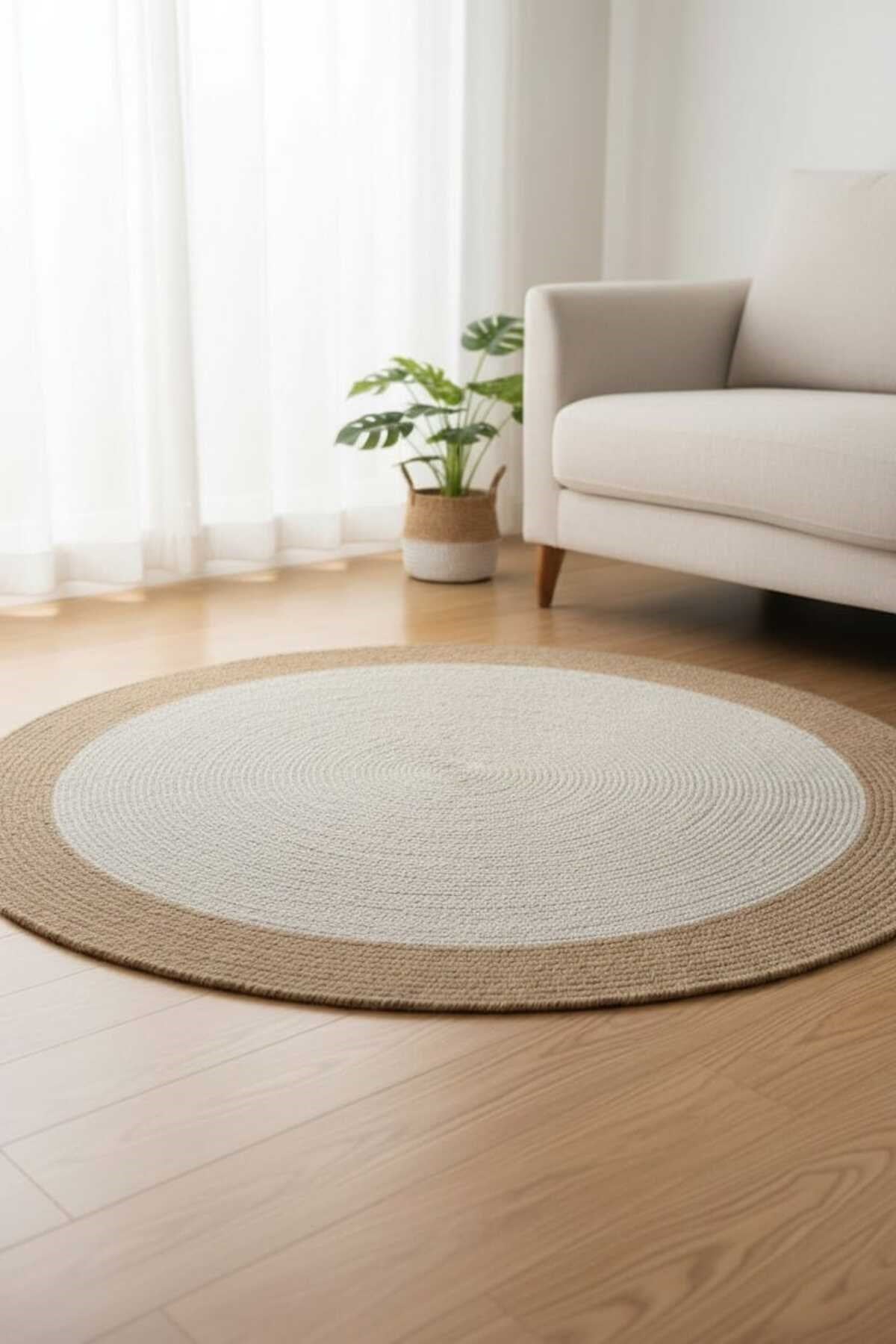 Bohem Yuvarlak Dekoratif Halı 150 cm – Hasır Görünümlü Jüt Stil Modern Salon ve Oturma Odası Halısı