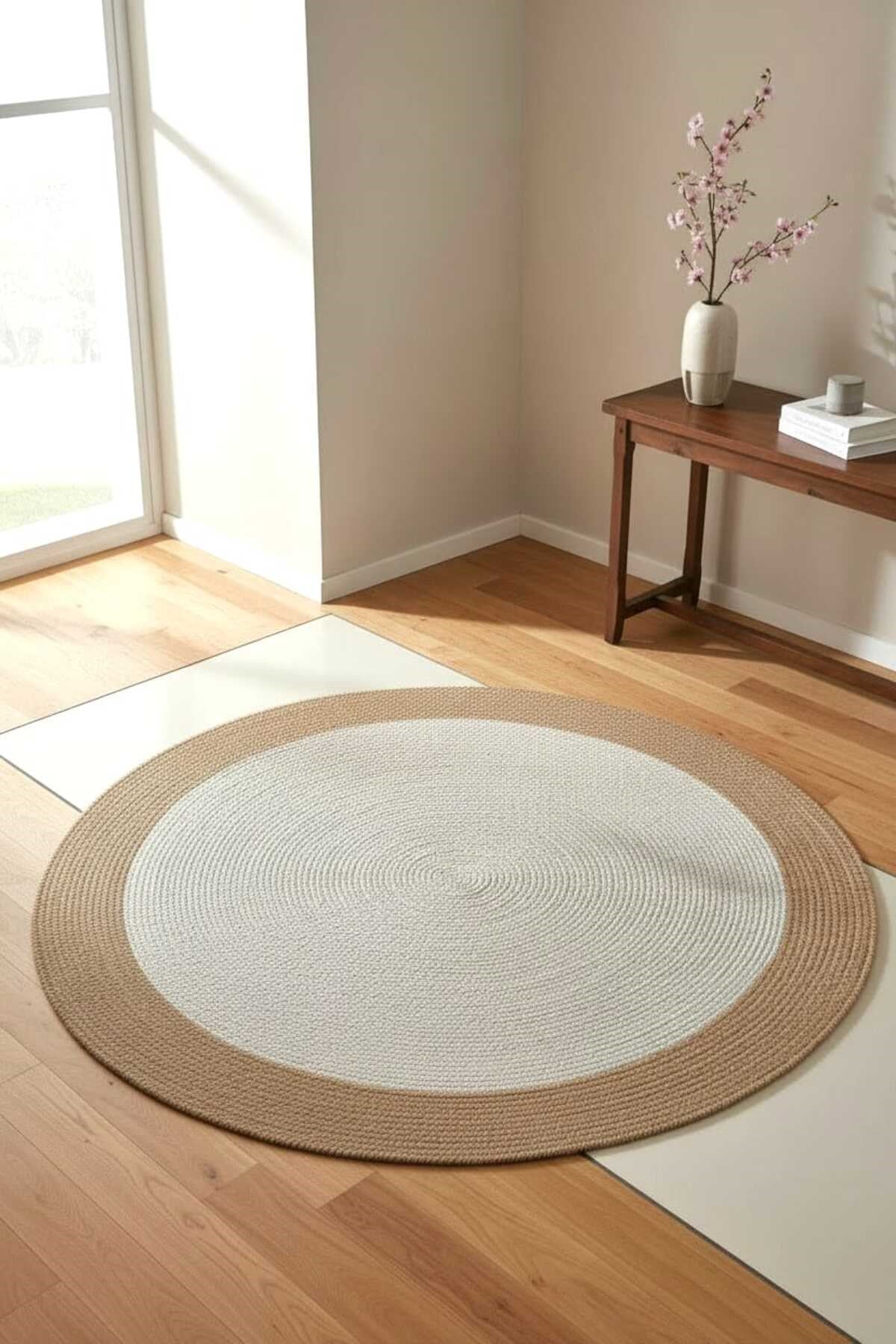 Bohem Yuvarlak Dekoratif Halı 150 cm – Hasır Görünümlü Jüt Stil Modern Salon ve Oturma Odası Halısı