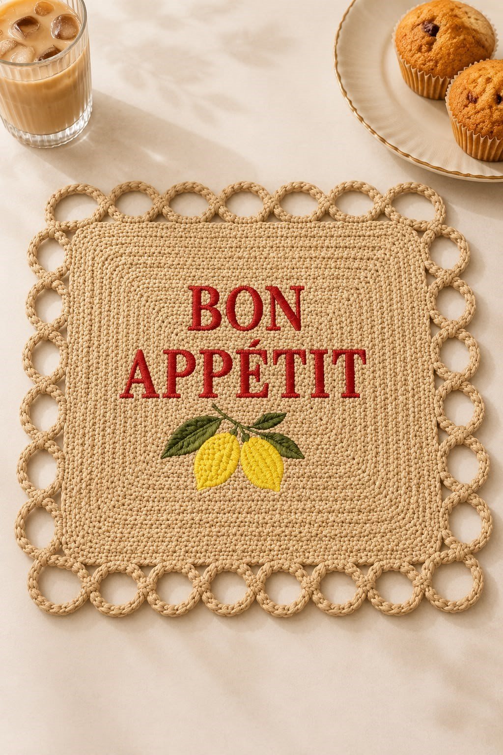 Bon Appétit Nakışlı Hasır Görünümlü Amerikan Servisi 2'li Set 34x34 cm Leke Tutmaz