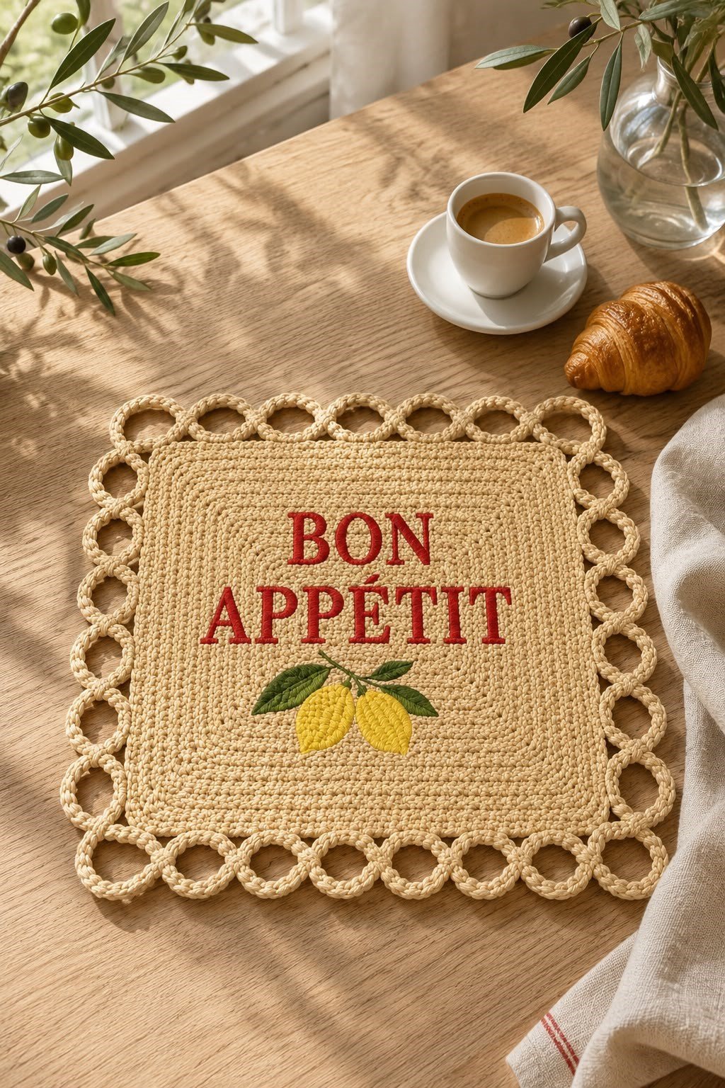 Bon Appétit Nakışlı Hasır Görünümlü Amerikan Servisi 2'li Set 34x34 cm Leke Tutmaz