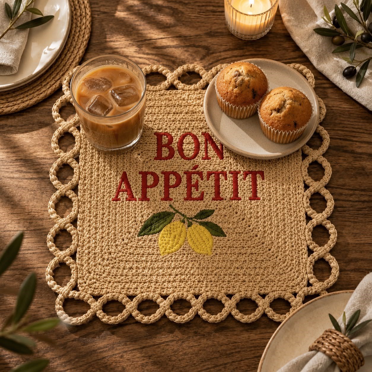 Bon Appétit Nakışlı Hasır Görünümlü Amerikan Servisi 2'li Set 34x34 cm Leke Tutmaz