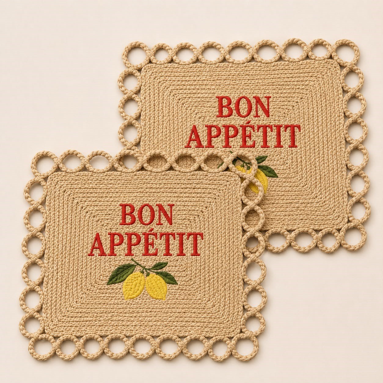 Bon Appétit Nakışlı Hasır Görünümlü Amerikan Servisi 2'li Set 34x34 cm Leke Tutmaz