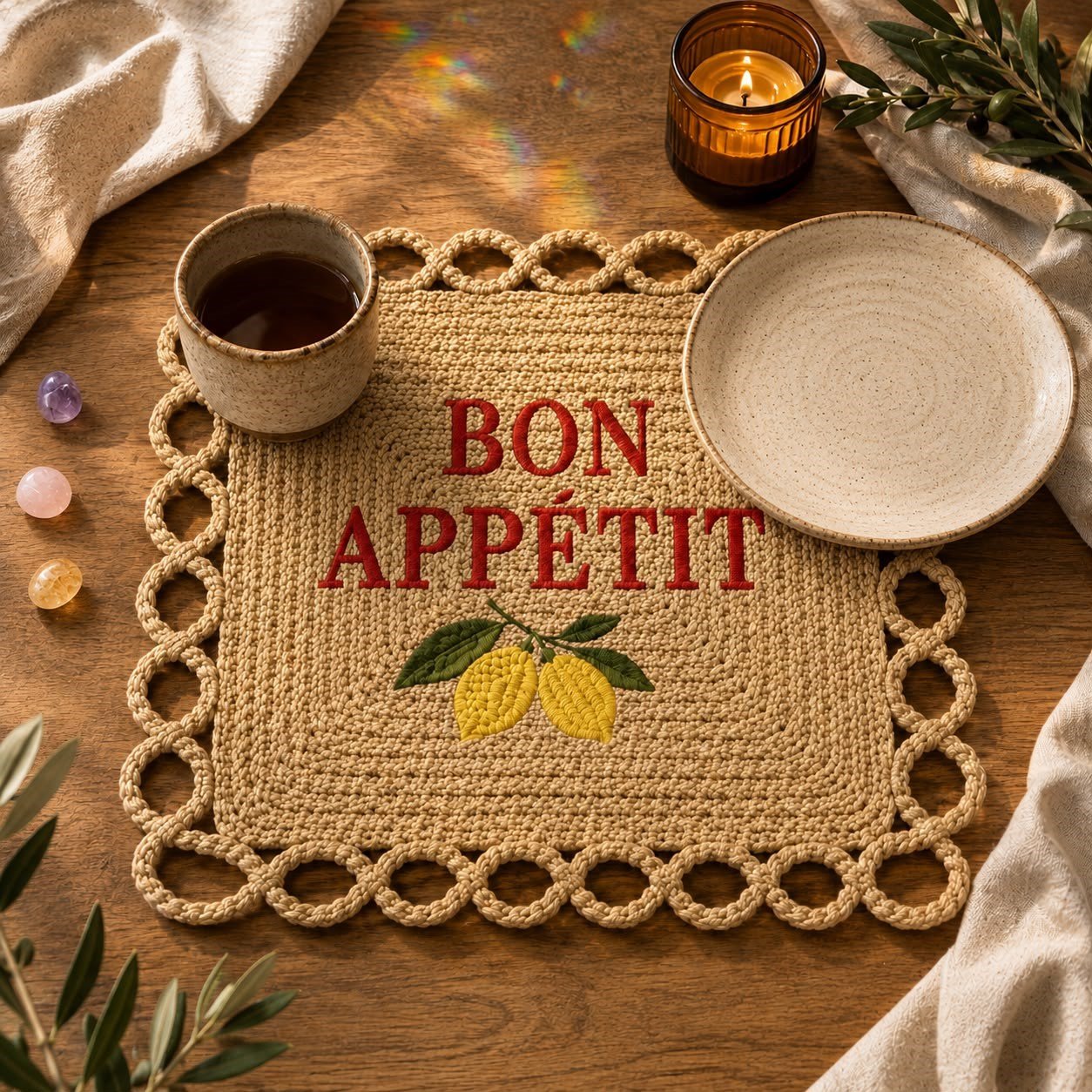 Bon Appétit Nakışlı Hasır Görünümlü Amerikan Servisi 2'li Set 34x34 cm Leke Tutmaz