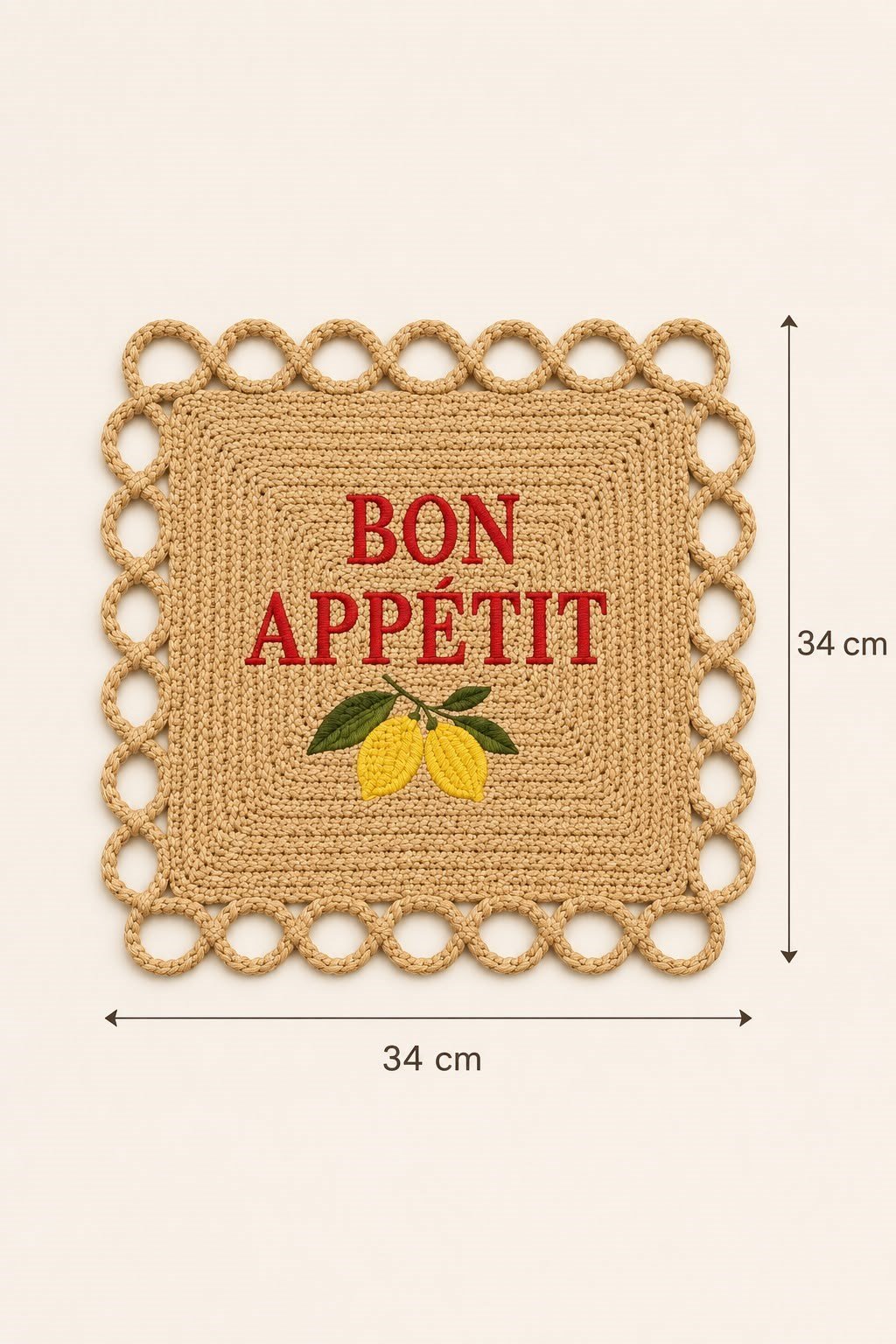 Bon Appétit Nakışlı Hasır Görünümlü Amerikan Servisi 2'li Set 34x34 cm Leke Tutmaz