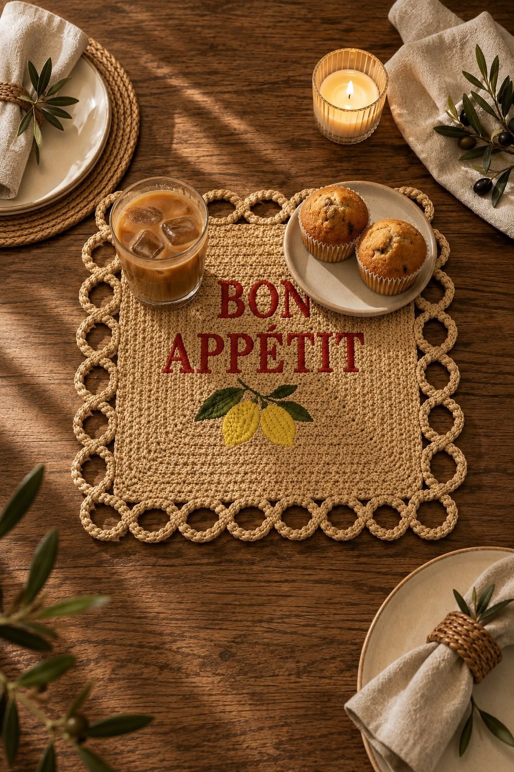 Bon Appétit Nakışlı Hasır Görünümlü Amerikan Servisi 2'li Set 34x34 cm Leke Tutmaz