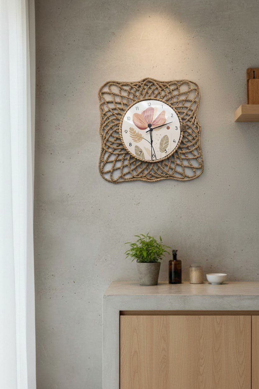 Çiçek Desenli Makrome Duvar Saati 43 cm | Bohem Dekoratif Duvar Saati | Rustik Salon, Antre ve Oturma Odası Saati