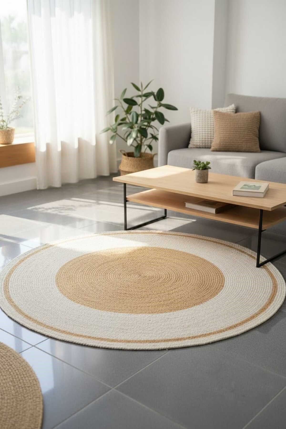 Çift Renk Geçişli Yuvarlak Jüt Halı Natural & Krem Minimal Bohem Dekor Halısı
