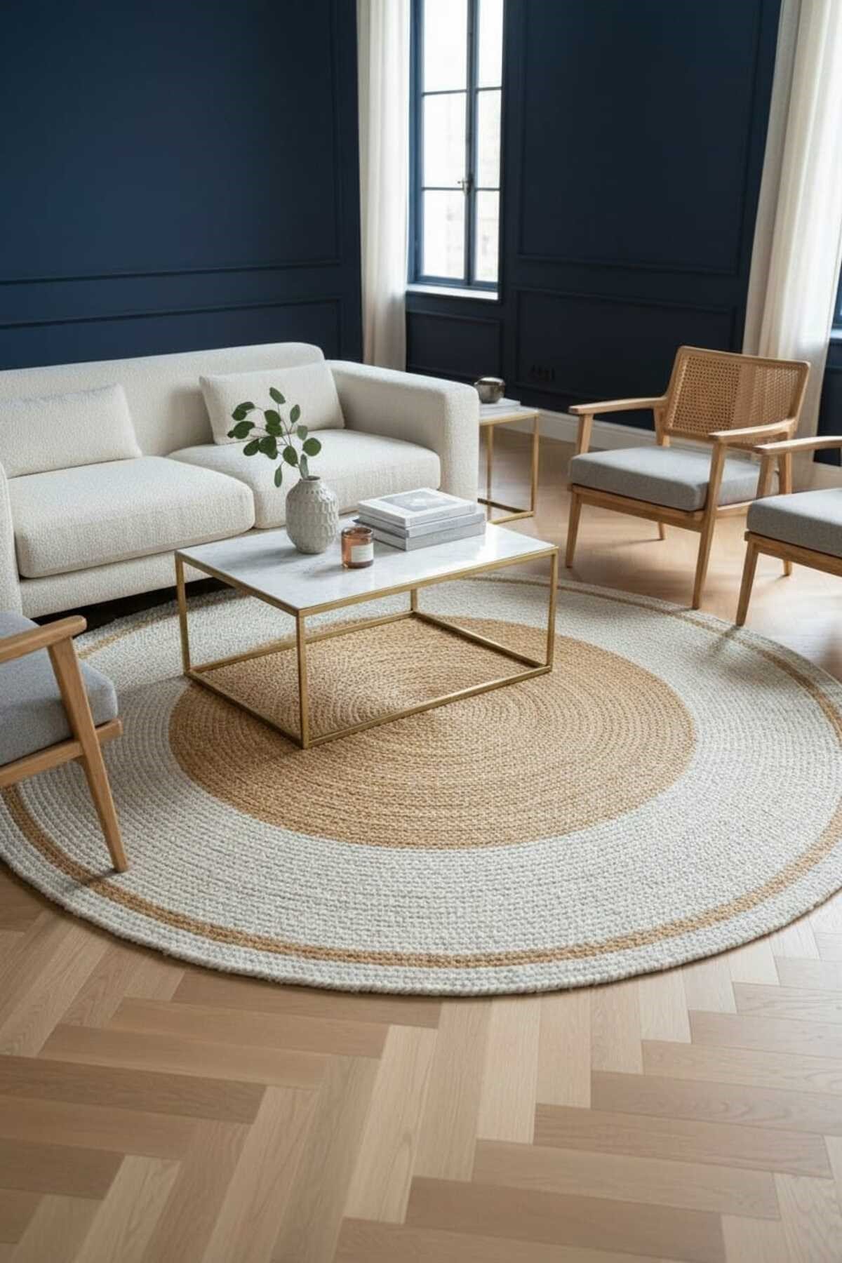 Çift Renk Geçişli Yuvarlak Jüt Halı Natural & Krem Minimal Bohem Dekor Halısı