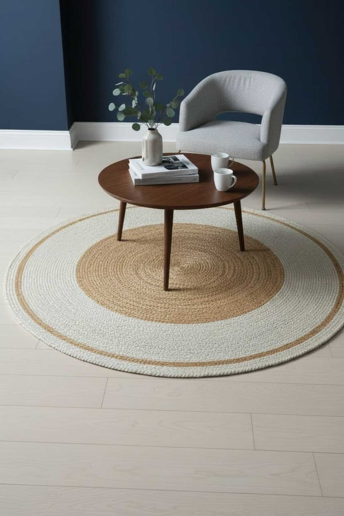 Çift Renk Geçişli Yuvarlak Jüt Halı Natural & Krem Minimal Bohem Dekor Halısı