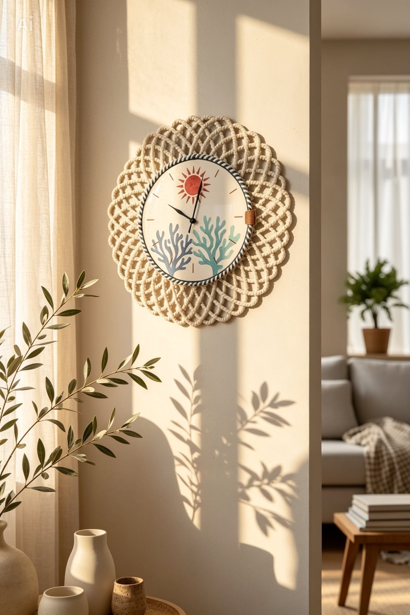 Coastal Coral Duvar Saati 43 CM Modern Yazlık Dekoru