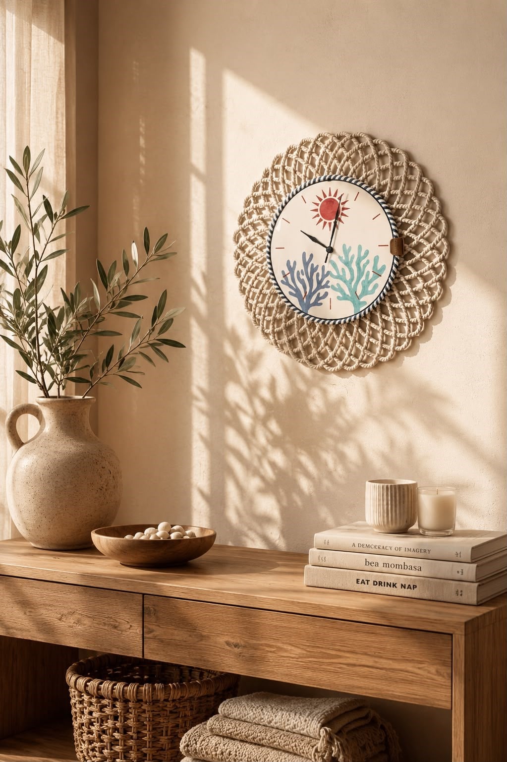 Coastal Coral Duvar Saati 43 CM Modern Yazlık Dekoru