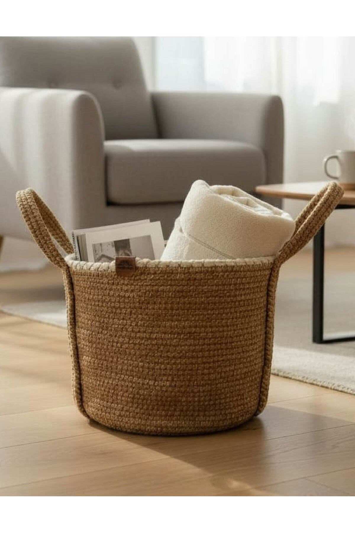 Çok Amaçlı, 33cm-25cm Büyük Boy, Sepet, Jüt, Hasır, Yanları Saplı, Dokuma Sepet, Düzenleyici
