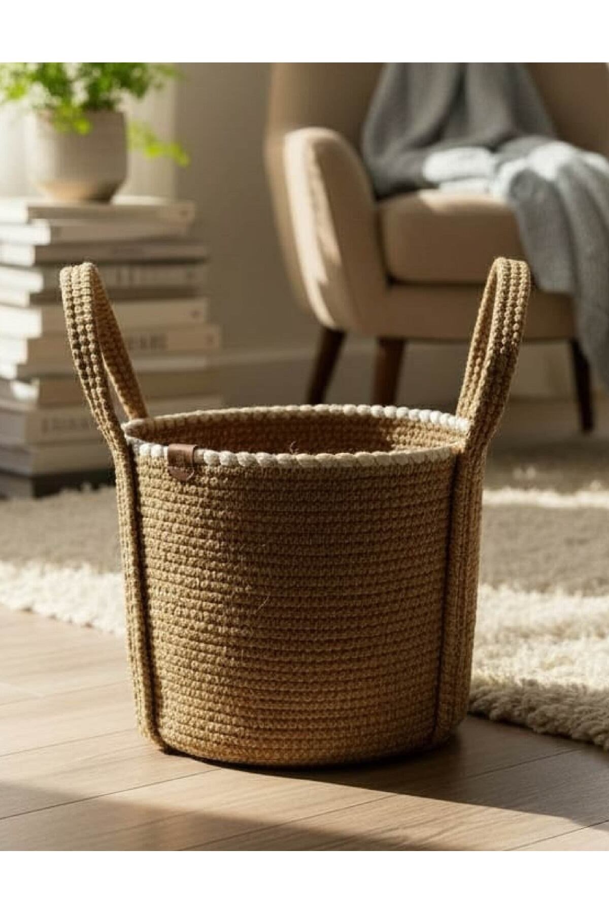 Çok Amaçlı, 33cm-25cm Büyük Boy, Sepet, Jüt, Hasır, Yanları Saplı, Dokuma Sepet, Düzenleyici