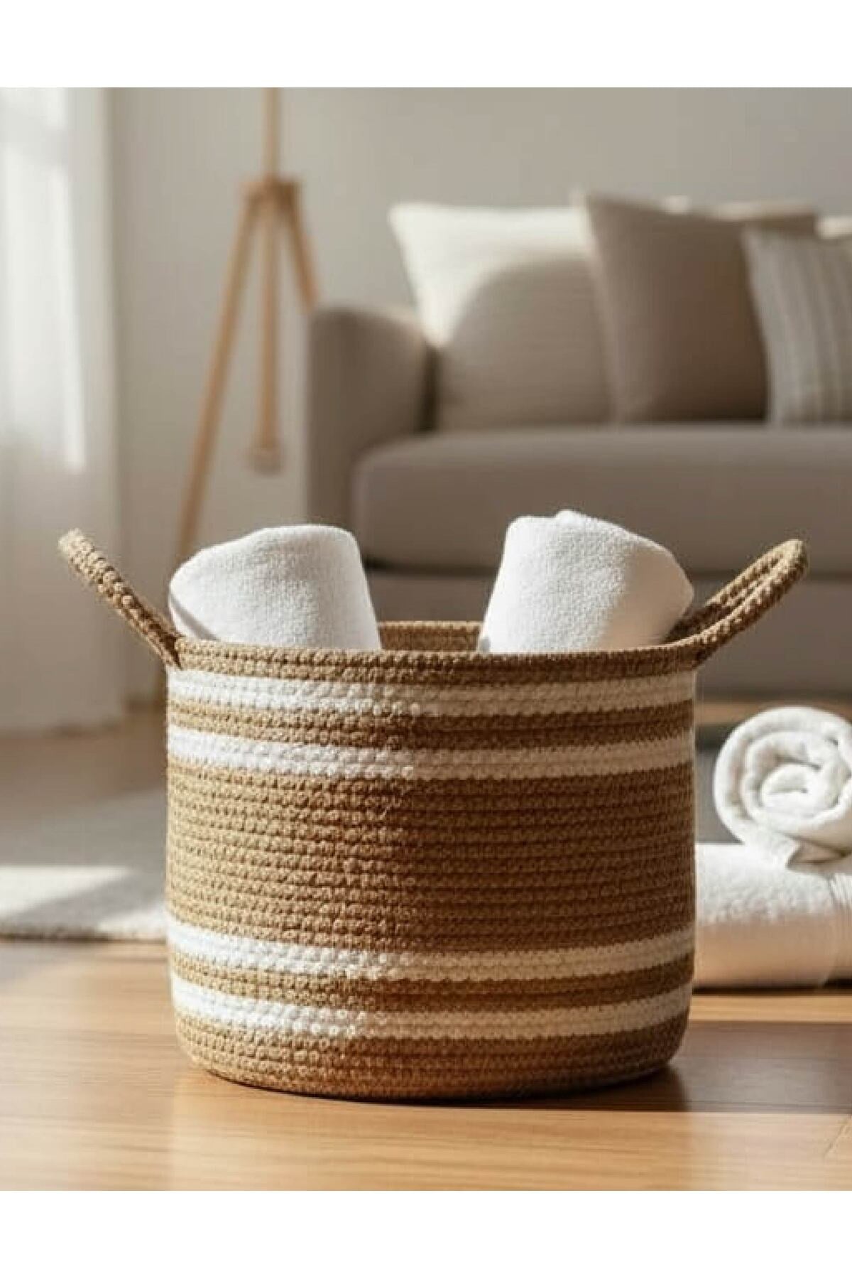 Çok Amaçlı, 33cm-25cm Büyük Boy, Sepet, Jüt, Hasır, Yanları Saplı, Dokuma Sepet, Düzenleyici