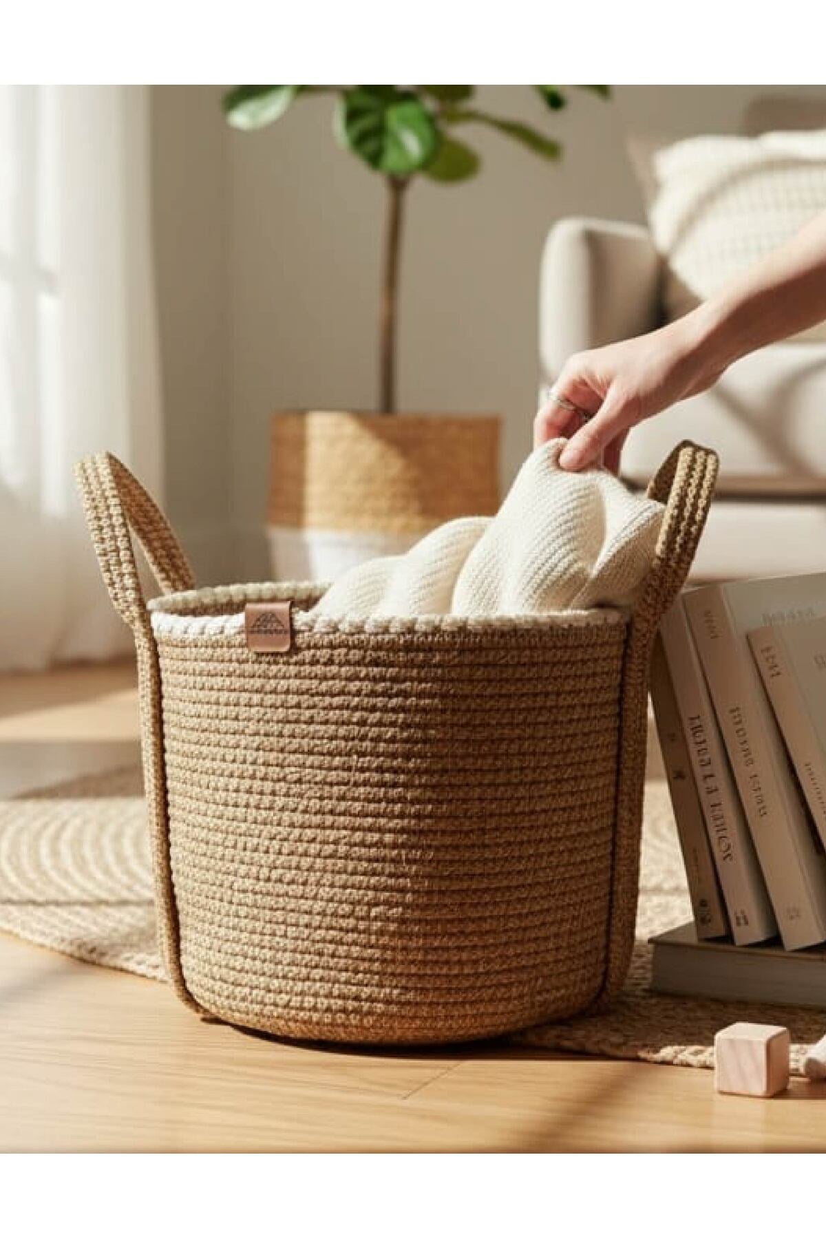 Çok Amaçlı, 33cm-25cm Büyük Boy, Sepet, Jüt, Hasır, Yanları Saplı, Dokuma Sepet, Düzenleyici