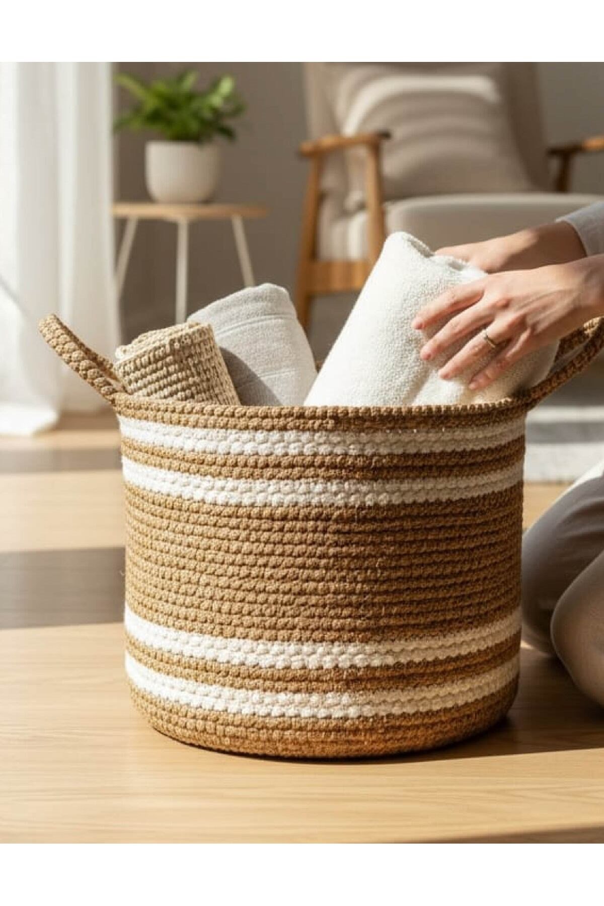 Çok Amaçlı, 33cm-25cm Büyük Boy, Sepet, Jüt, Hasır, Yanları Saplı, Dokuma Sepet, Düzenleyici
