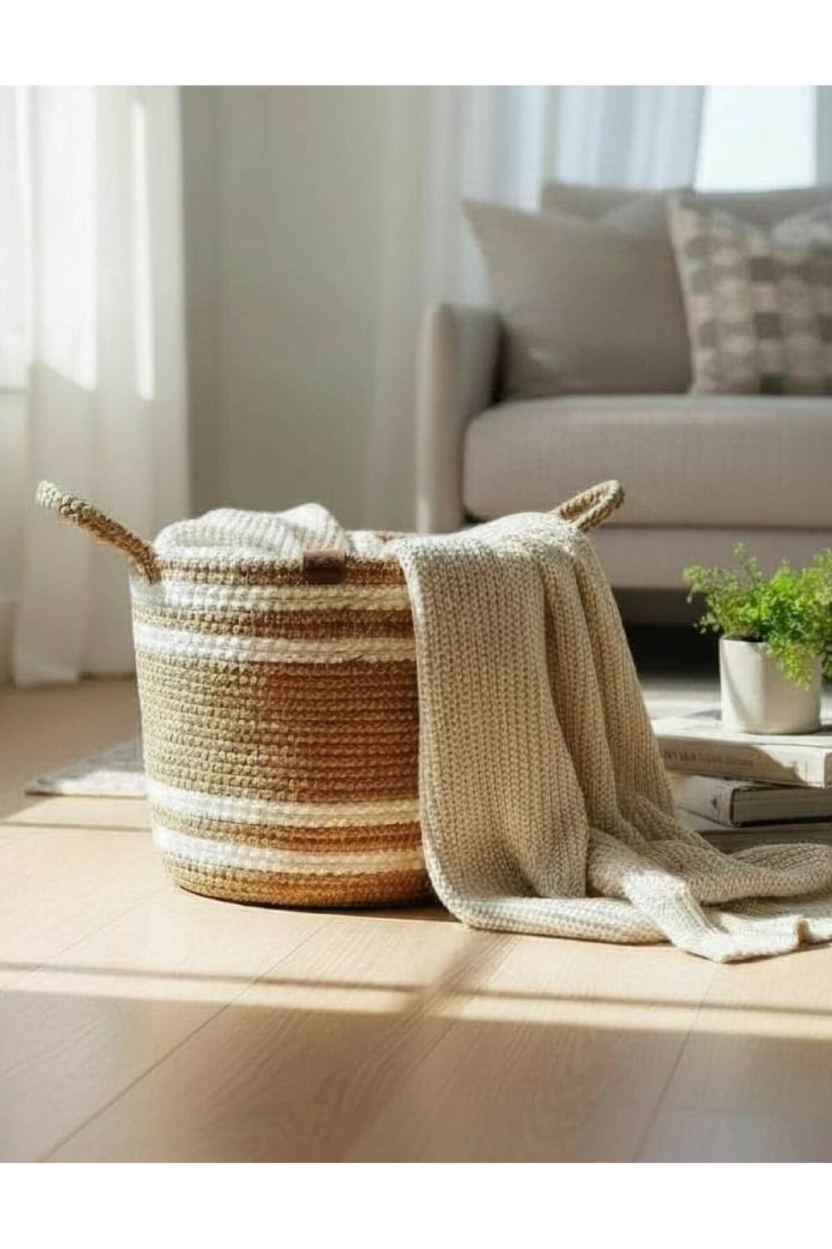 Çok Amaçlı, 33cm-25cm Büyük Boy, Sepet, Jüt, Hasır, Yanları Saplı, Dokuma Sepet, Düzenleyici