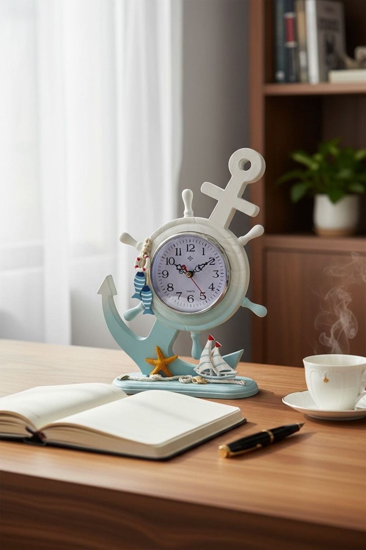 Denizci Çapa Tasarımlı Dekoratif Masa Saati | Marin Temalı Ahşap Görünümlü Saat 31 cm