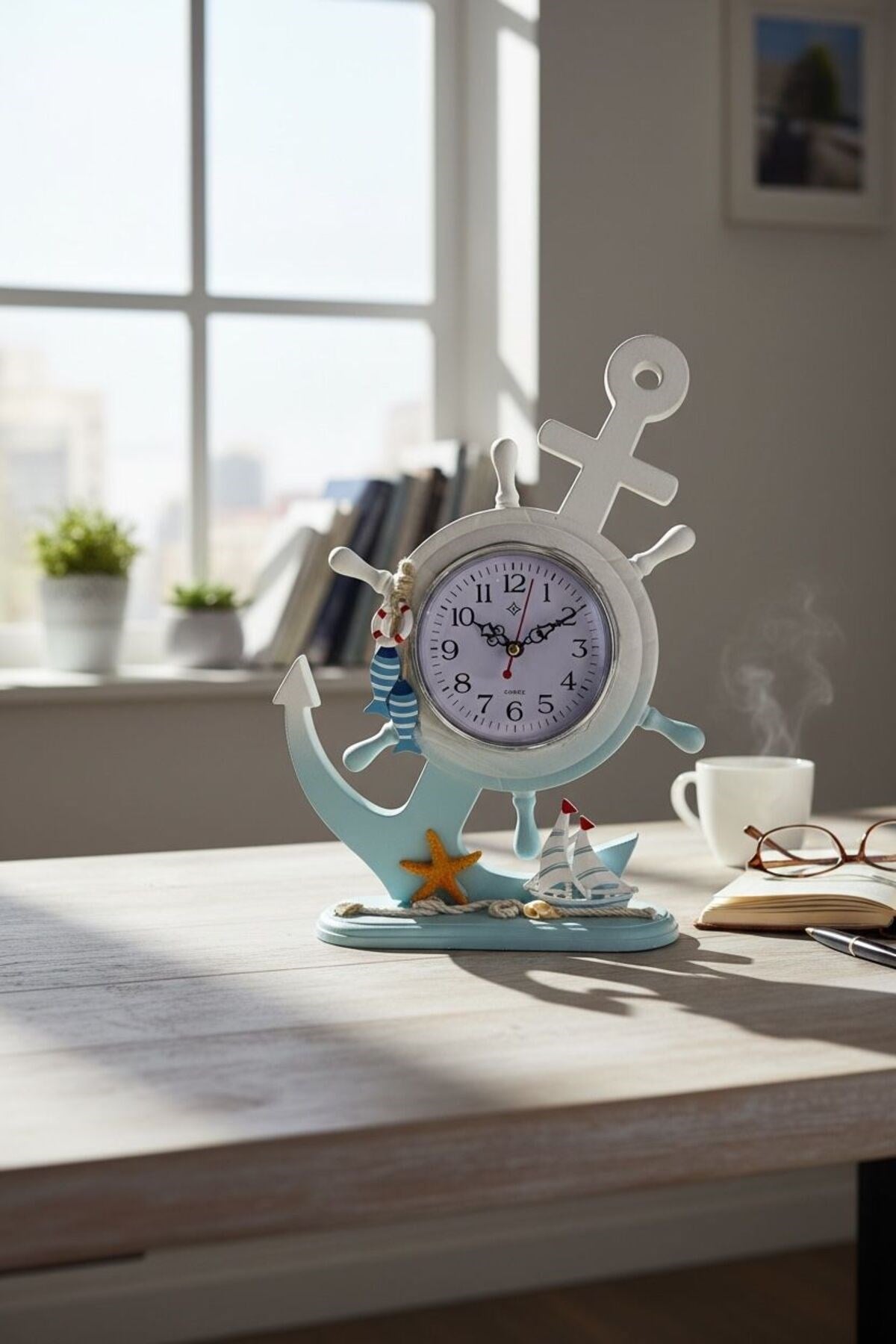 Denizci Çapa Tasarımlı Dekoratif Masa Saati | Marin Temalı Ahşap Görünümlü Saat 31 cm