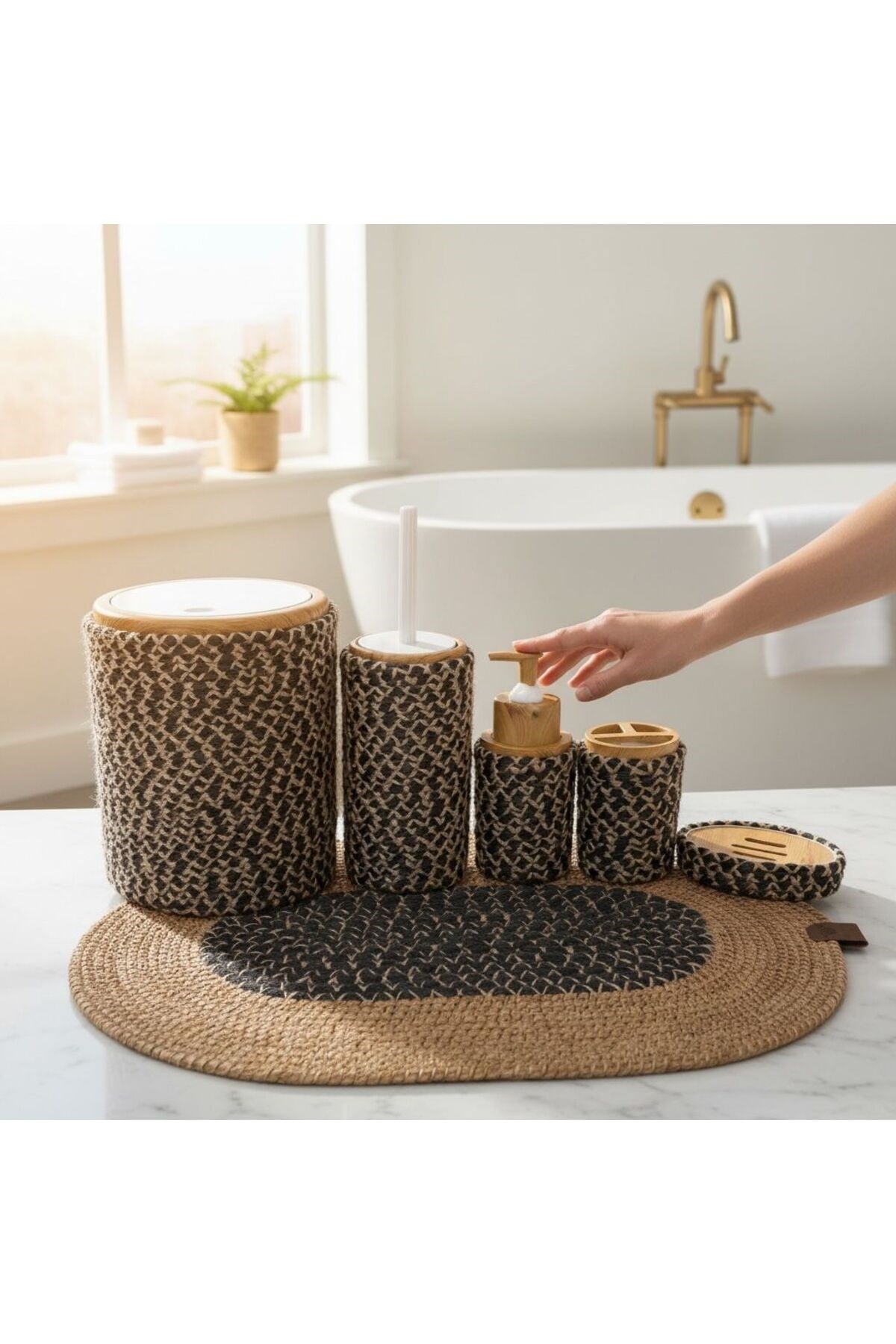 Doğal Dokulu Hasır Görünümlü 6 Parça Banyo Takımı – Zarif ve Modern