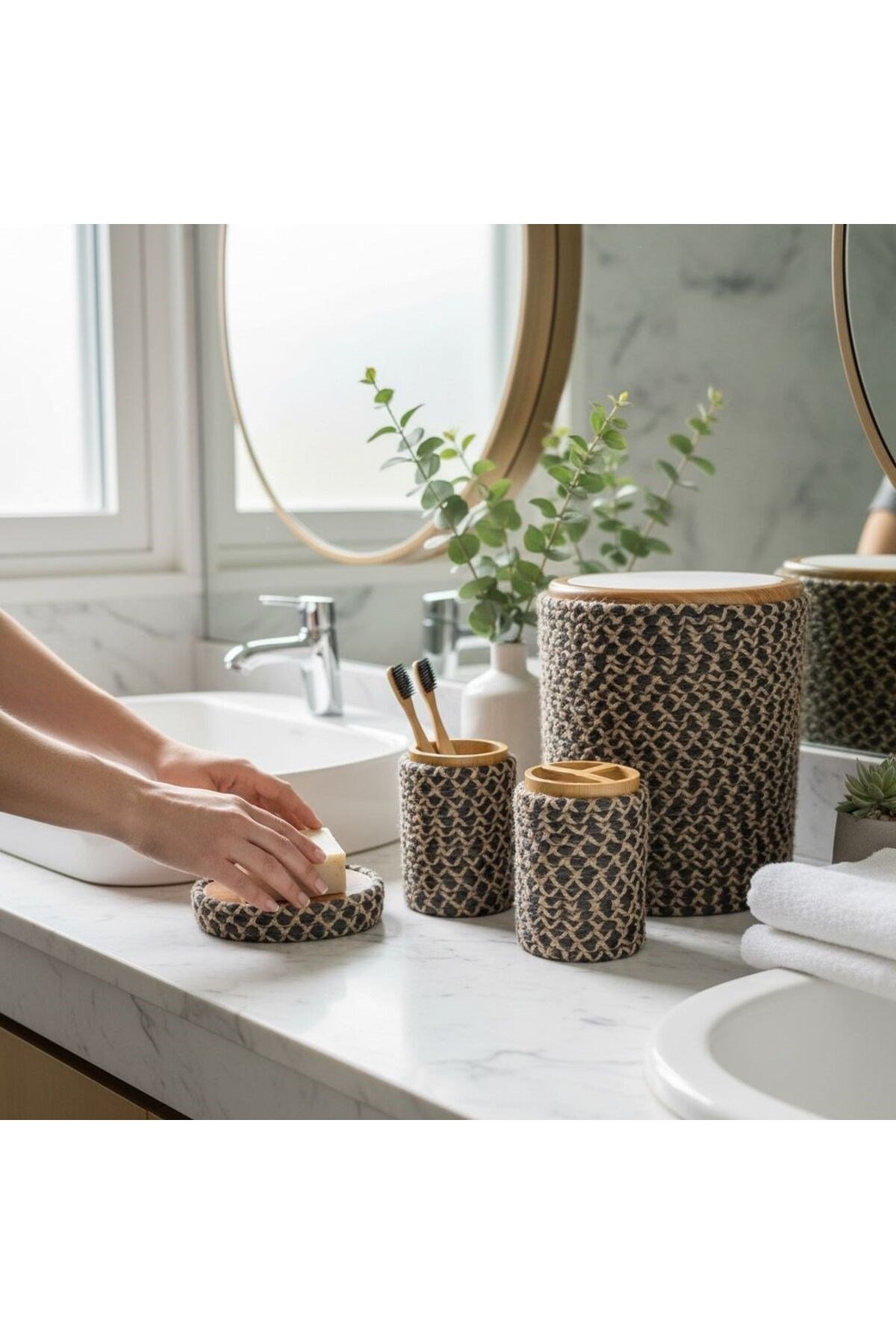 Doğal Dokulu Hasır Görünümlü 6 Parça Banyo Takımı – Zarif ve Modern