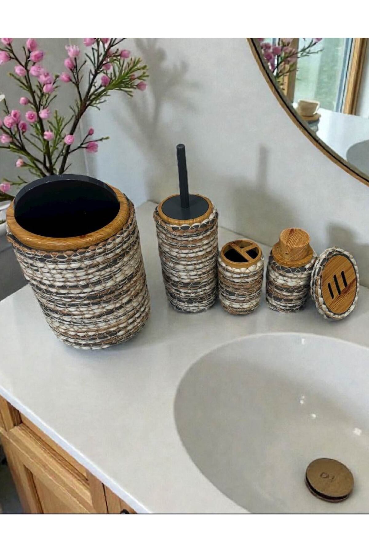 Doğal Dokulu Hasır Görünümlü 6 Parça Banyo Takımı – Zarif ve Modern