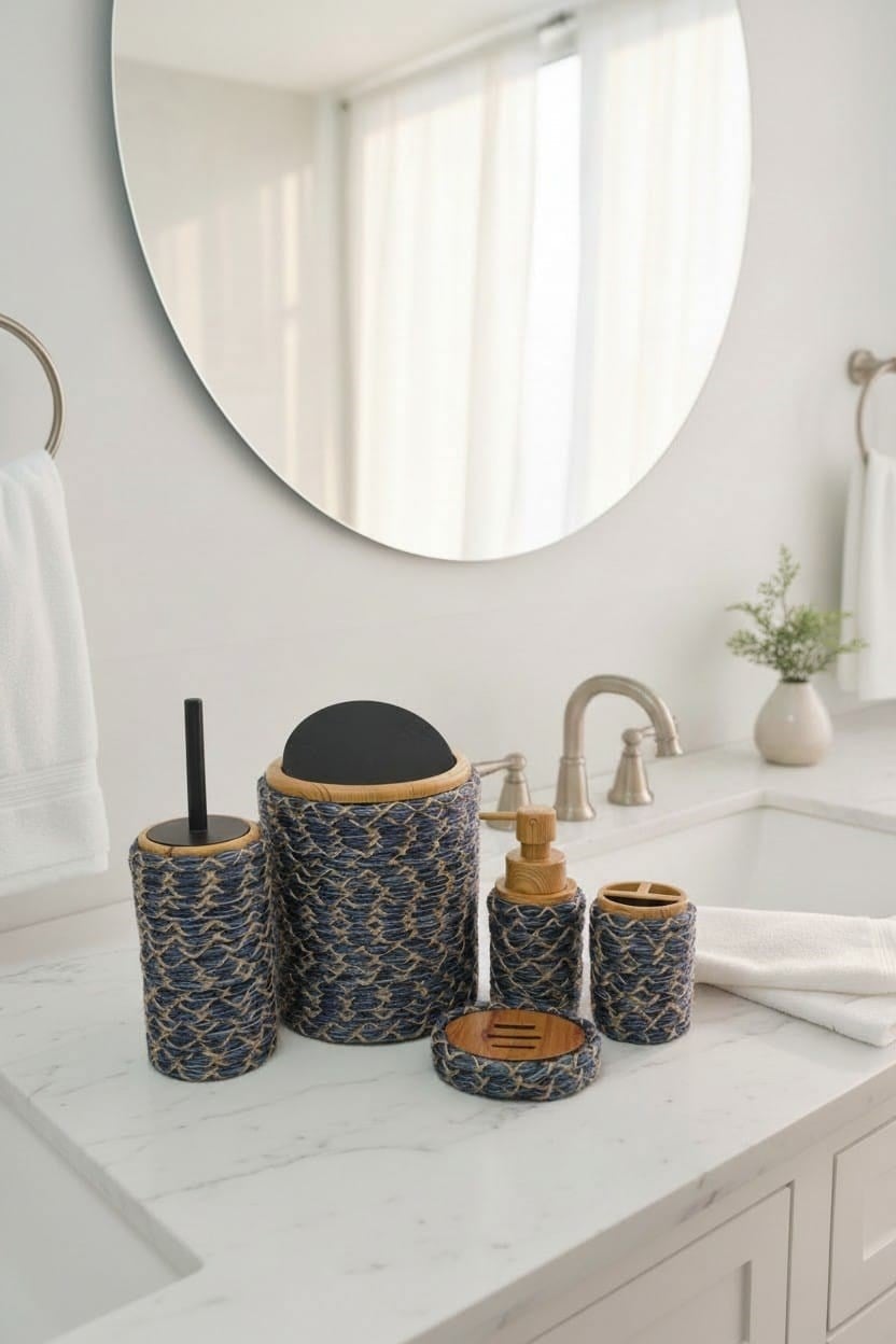 Doğal Dokulu Hasır Görünümlü 6 Parça Banyo Takımı – Zarif ve Modern