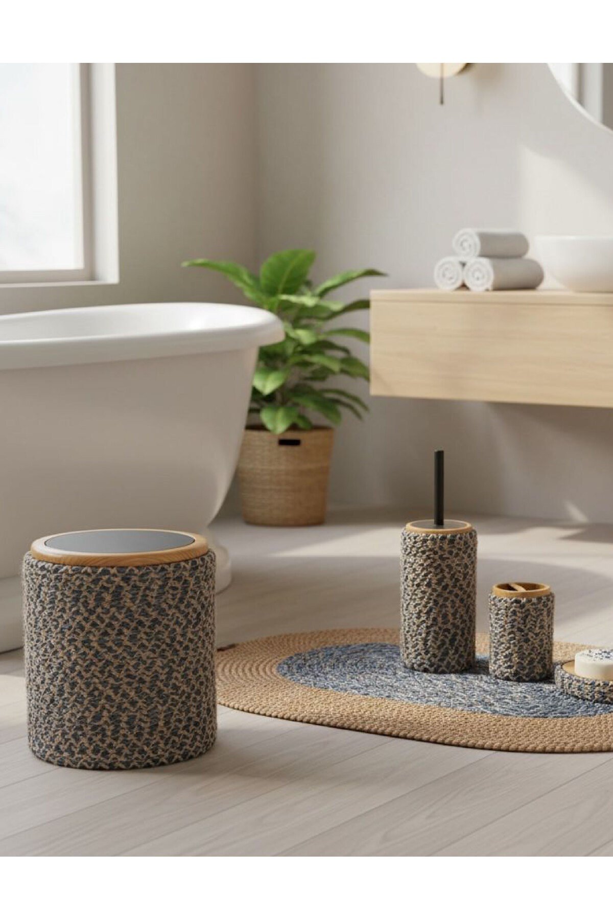 Doğal Dokulu Hasır Görünümlü 6 Parça Banyo Takımı – Zarif ve Modern