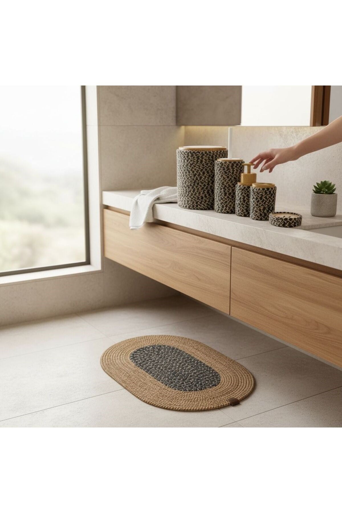 Doğal Dokulu Hasır Görünümlü 6 Parça Banyo Takımı – Zarif ve Modern