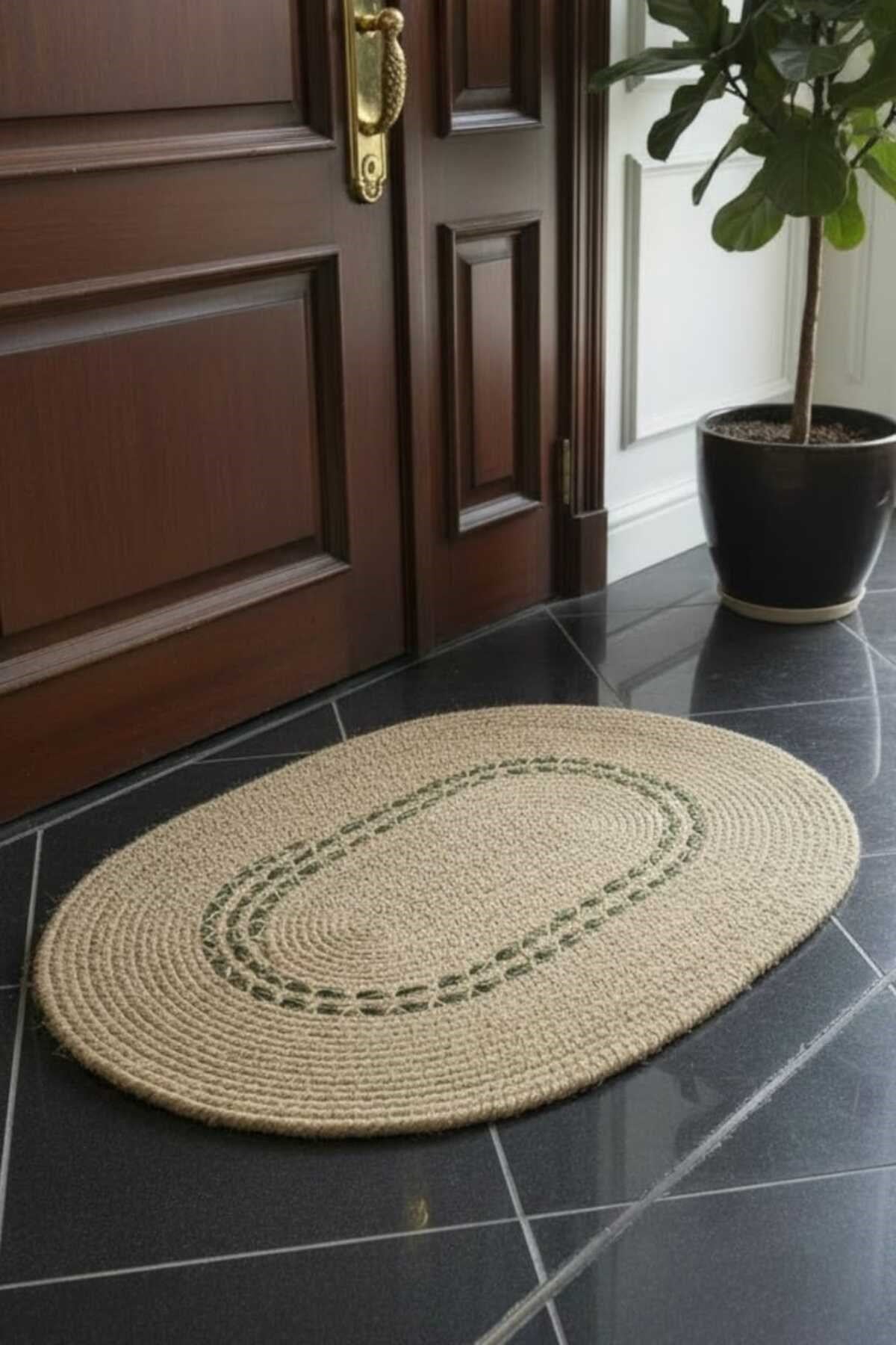 Doğal Jüt Oval Halı Çizgi Yeşil Desen Bohem Modern Dekoratif Halı