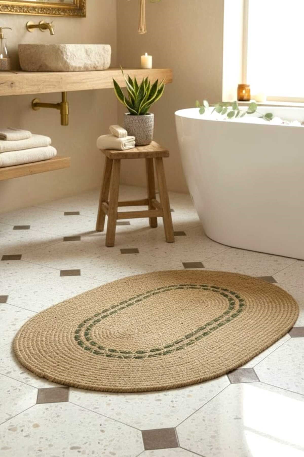 Doğal Jüt Oval Halı Çizgi Yeşil Desen Bohem Modern Dekoratif Halı