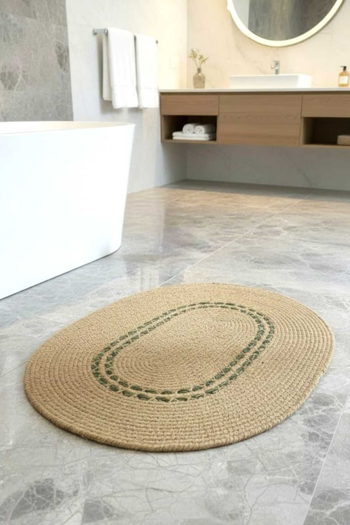 Doğal Jüt Oval Halı Çizgi Yeşil Desen Bohem Modern Dekoratif Halı