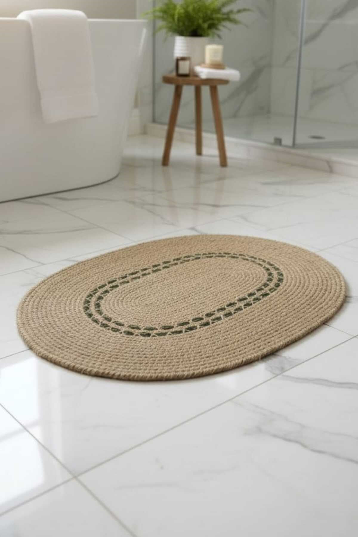 Doğal Jüt Oval Halı Çizgi Yeşil Desen Bohem Modern Dekoratif Halı